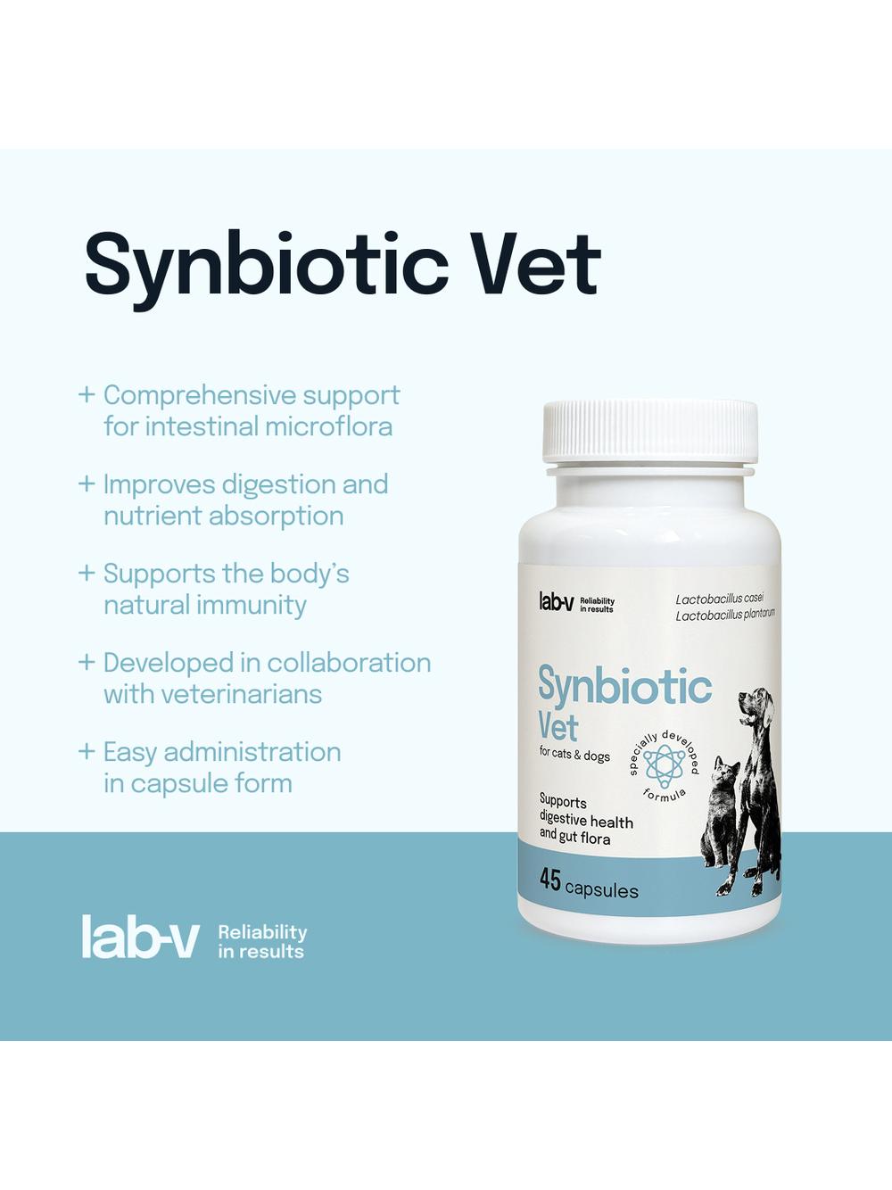 Lab-v Synbiotic Vet – Wsparcie zdrowia układu pokarmowego i mikroflory jelitowej dla psów i kotów 45 kapsułek