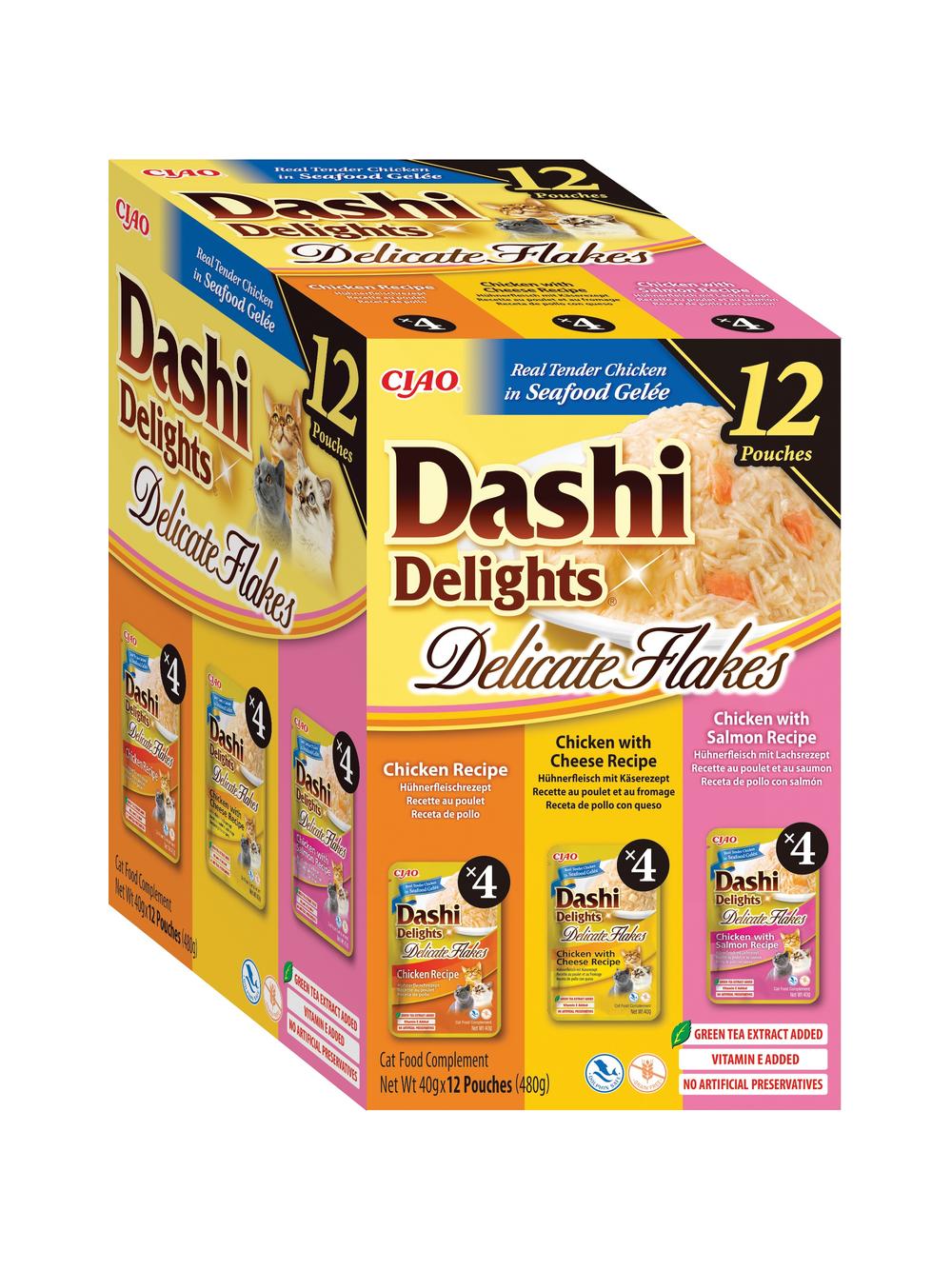 INABA Ciao Dashi Delights Delicate Flakes- karma uzupełniająca dla kota o smaku kurczaka, kurczaka i sera,  kurczaka i łosiosia 12x40g