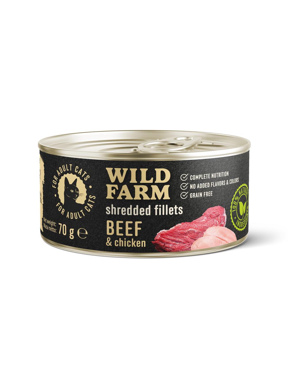 WILD FARM Fillets Beef&Chicken 70g - bezzbożowa mokra karma dla kota, filet w bulionie