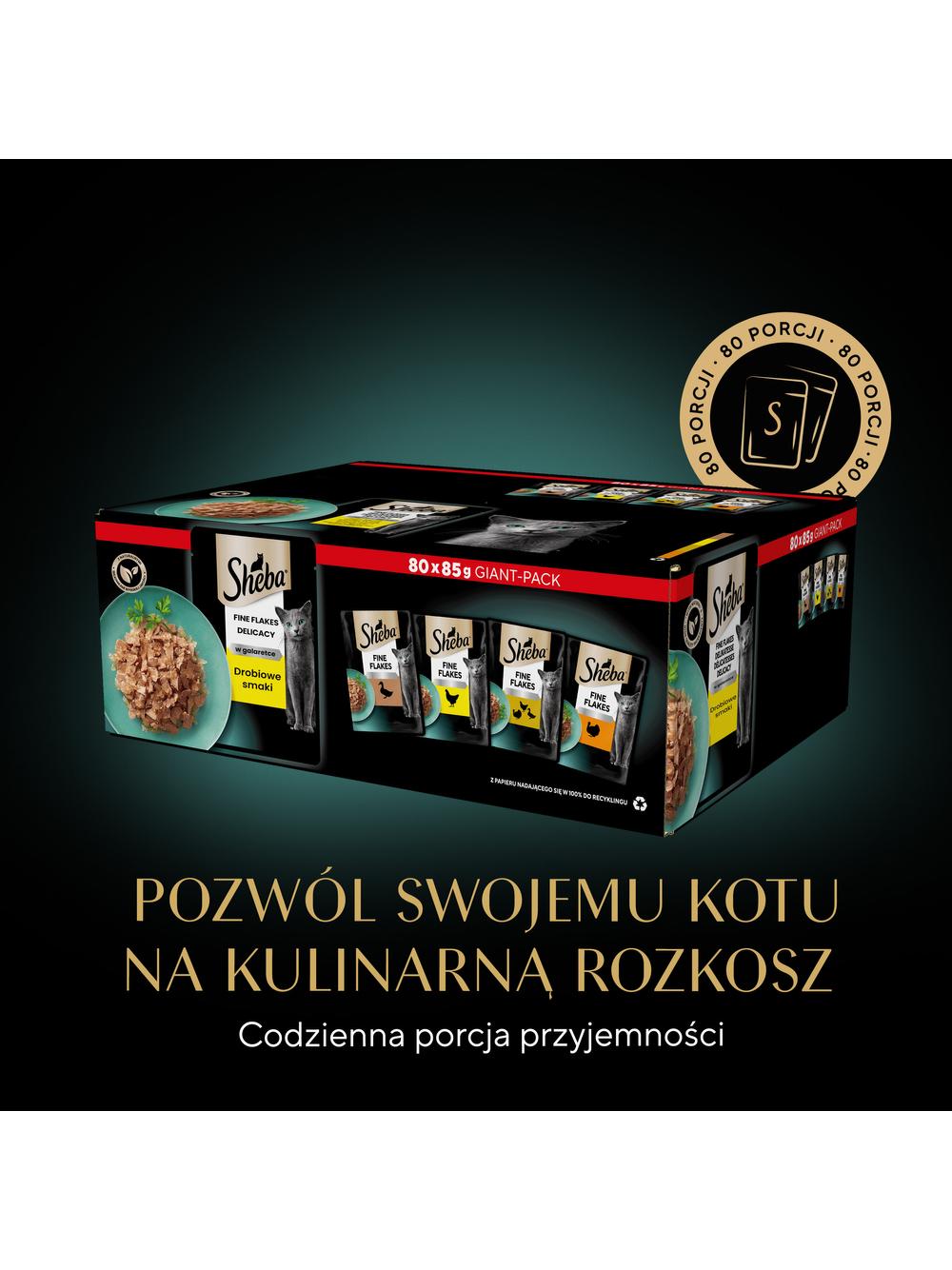 SHEBA Delicacy Fine Flakes Drobiowe Smaki saszetki 80x85 g – mokra karma pełnoporcjowa dla dorosłych kotów, w galaretce (kawałki z: kaczką, kurczakiem, drobiem, indykiem)