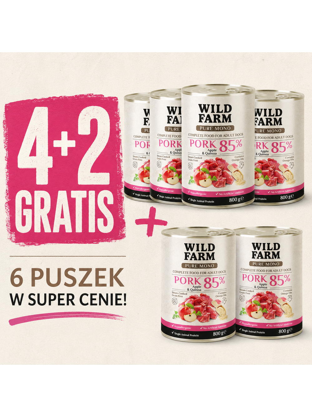 WILD FARM PURE MONO Pork Apple and Quinoa 6x800g monoproteinowa karma dla psa