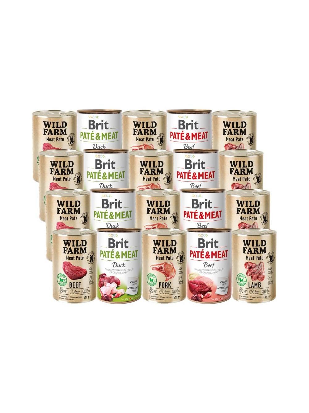BRIT PATE & MEAT + WILD FARM Pate Mix smaków 20x400g