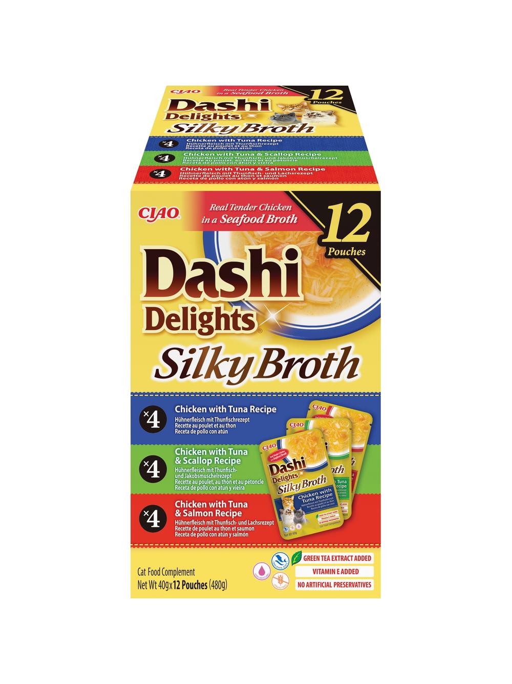 INABA Ciao Broth - karma uzupełniająca dla kota bulion o smaku kurczaka, łososia, tuńczyka i przegrzebek 12x40g
