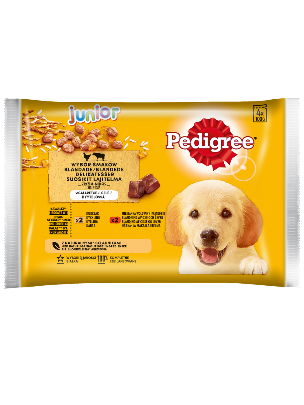PEDIGREE Junior saszetka 4x100 g - Wybór Smaków z Ryżem w Galaretce, mokra karma pełnoporcjowa dla rosnących psów (kawałki bogate w kurczaka oraz kawałki bogate w mieszankę wołowiny i wątróbki)