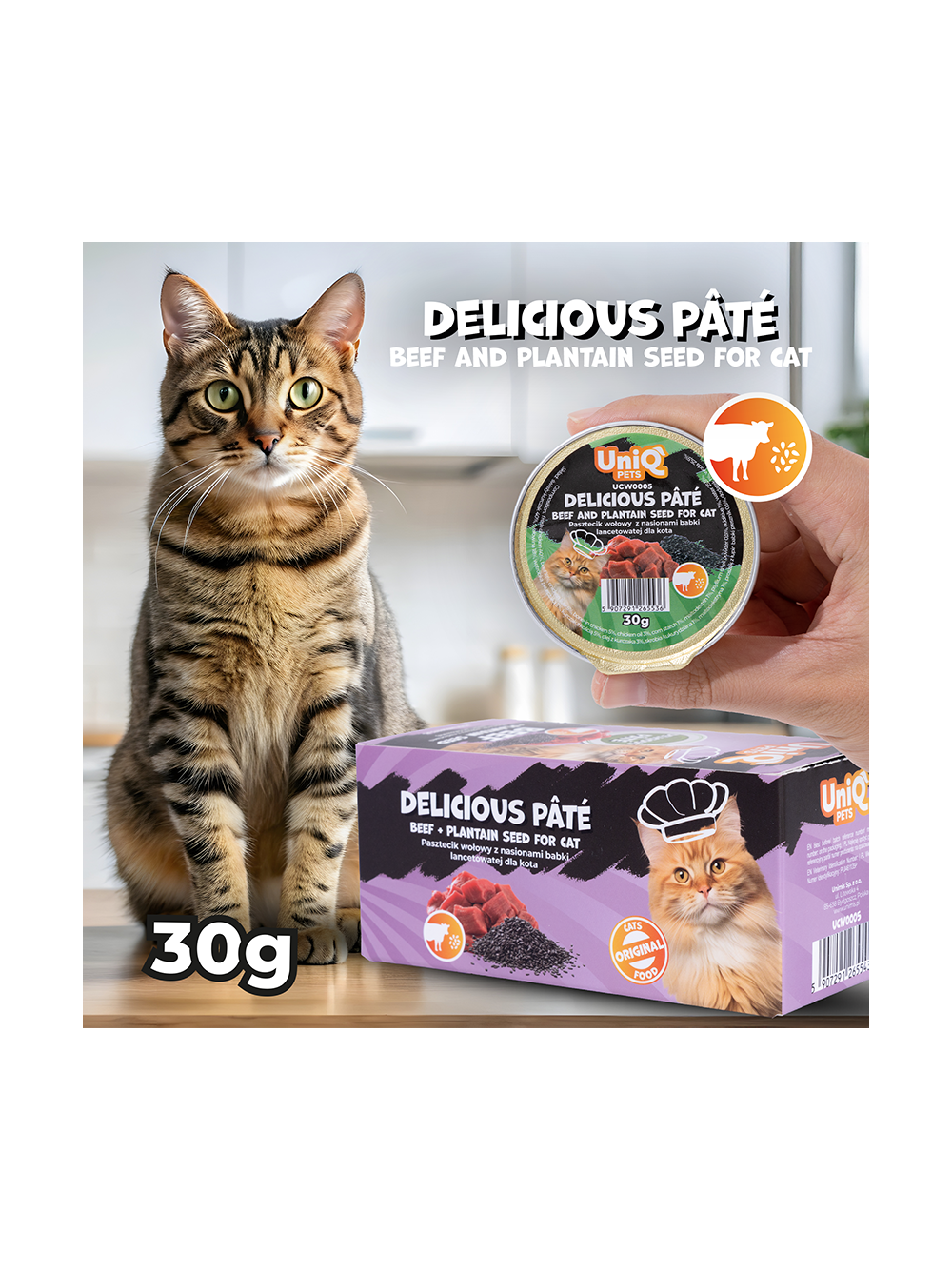 UNIQ PETS KARMA MOKRA DLA KOTA ROYAL BEEF pasztecik wołowy z nasionami babki lancetowatej 30 g x 8 szt