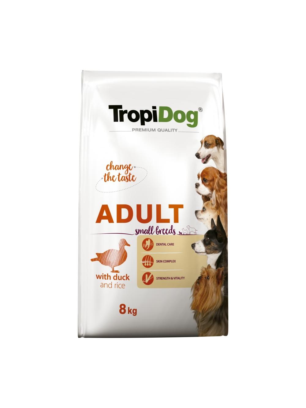 TROPIDOG Premium Adult Small Breeds z kaczką i ryżem 8kg + niespodzianka dla psa GRATIS!