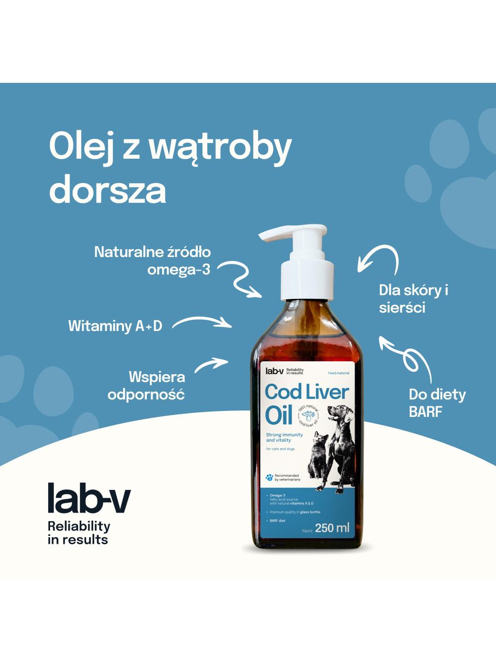 Lab-v Cod Liver Oil – Olej z wątroby dorsza 100% dla psa i kota 250ml