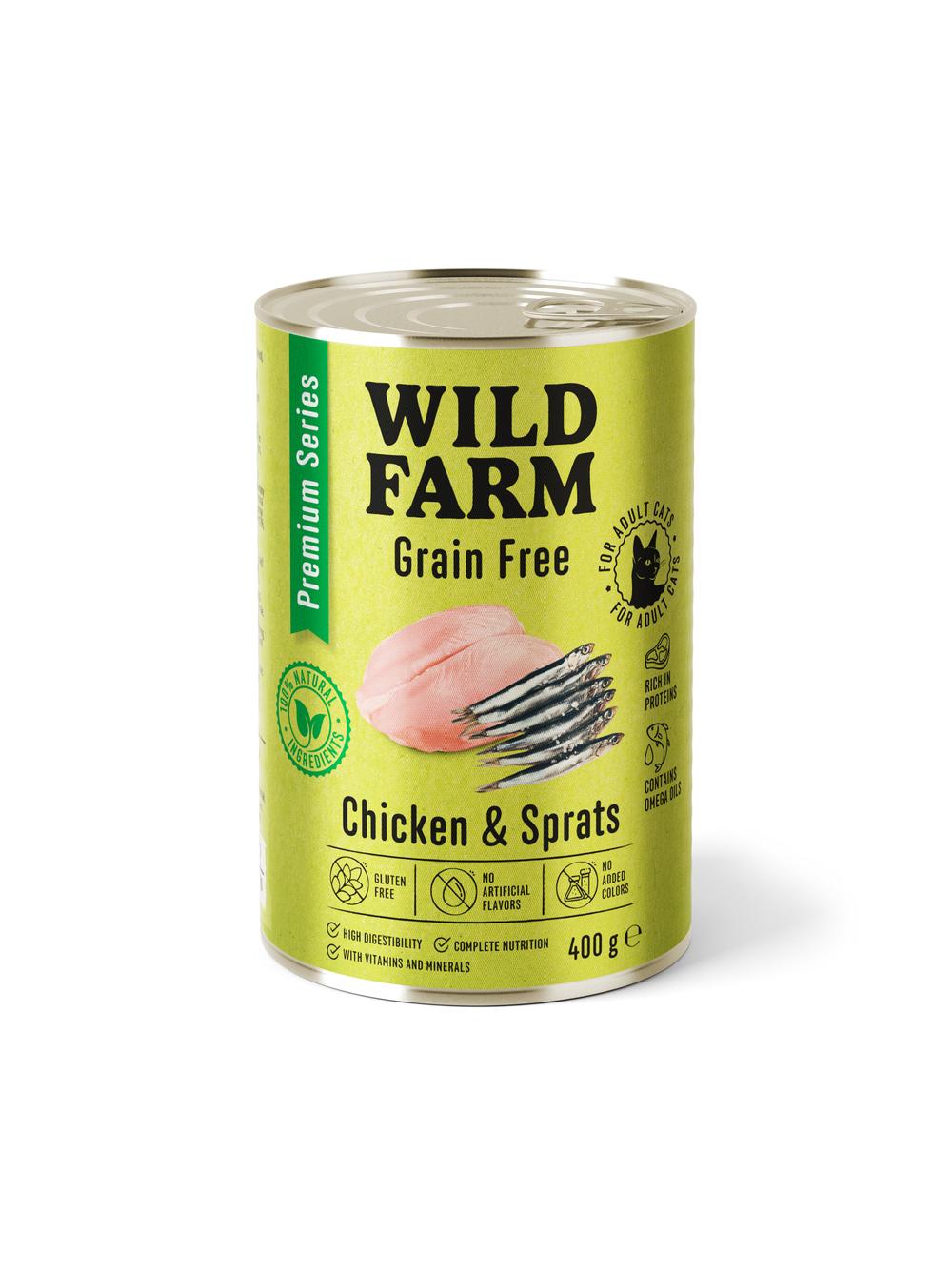 WILD FARM Premium Grain Free Chicken and Sprats 400g  - bezzbożowa karma dla kota