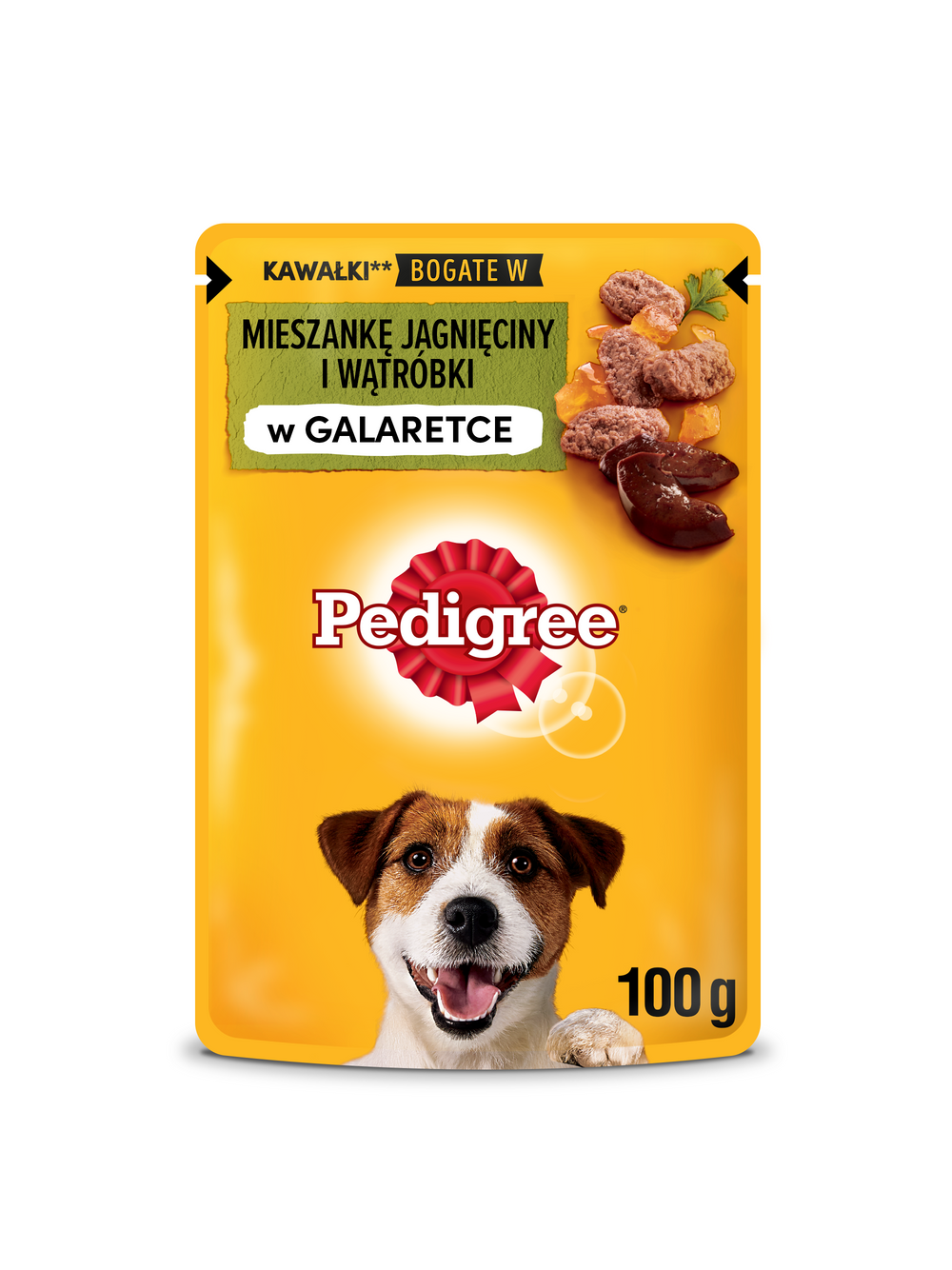 PEDIGREE Adult saszetka 100 g - mokra karma pełnoporcjowa, kawałki bogate w mieszankę jagnięciny i wątróbki w galaretce dla dorosłych psów