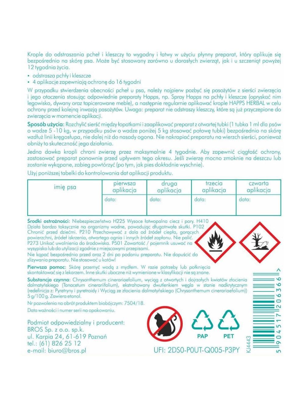 HAPPS Herbal - krople na pchły i kleszcze dla małych psów 5-10kg + HAPPS -Aerozol na pchły i kleszcze 250ml