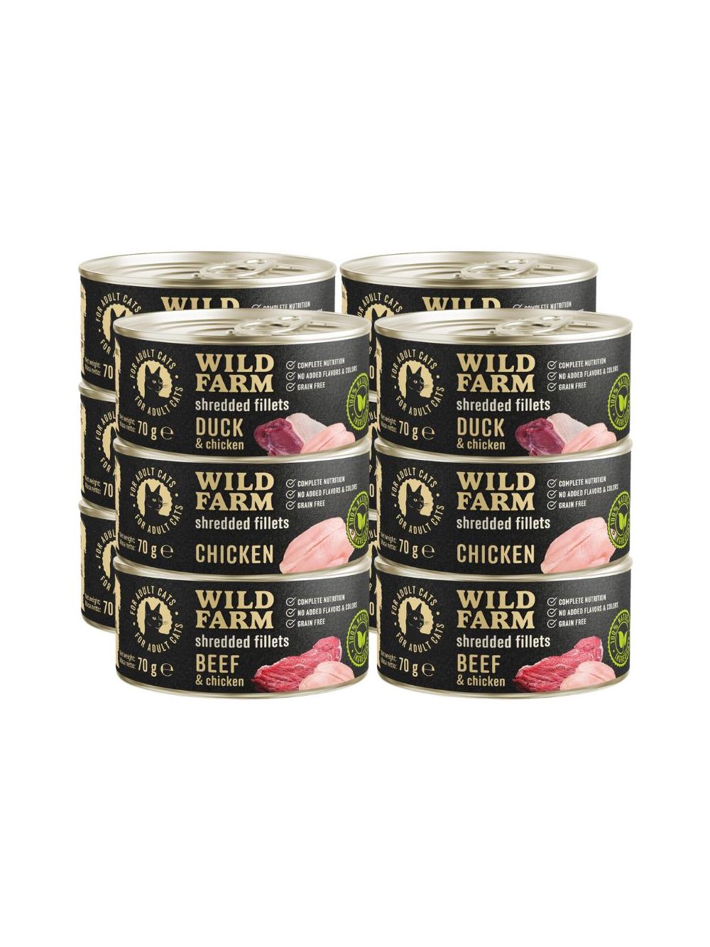 WILD FARM Fillets Mix smaków 12x70g - bezzbożowa mokra karma dla kota, filet w bulionie