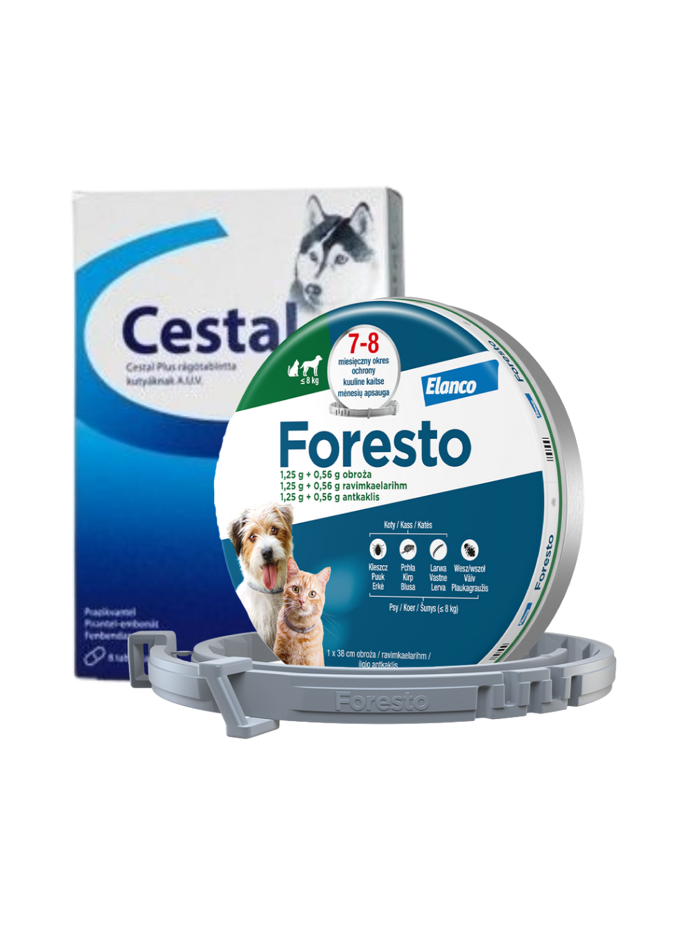 ELANCO Foresto Obroża dla kotów i psów poniżej 8kg+ Cestal Dog Plus tabletki na odrobaczanie psów 2 sztuki
