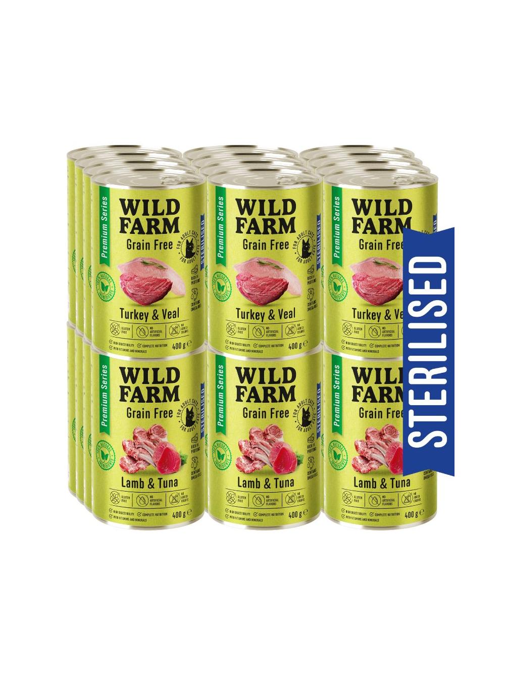 WILD FARM Premium Grain Free Turkey and Veal / Lamb and Tuna 24x400g  - bezzbożowa karma dla kota sterylizowanego