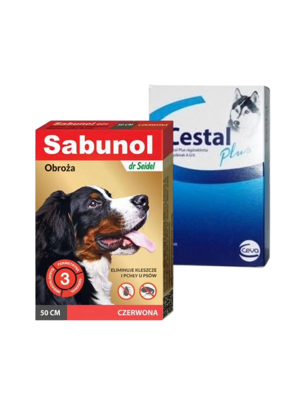 Sabunol czerwona obroża przeciw pchłom i kleszczom dla psa 50 cm+Cestal Dog Plus tabletki na odrobaczanie psów 2 sztuki