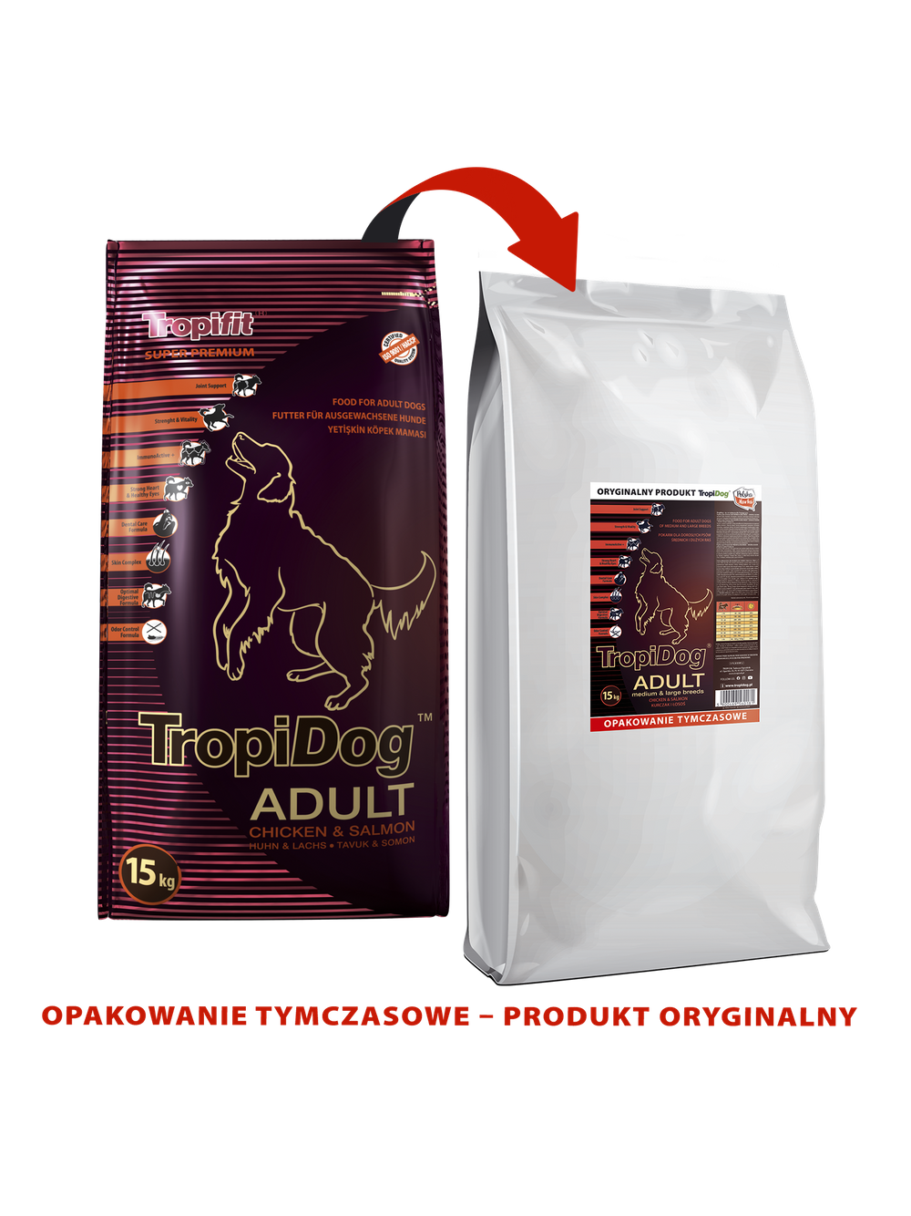 TROPIDOG Super Premium adult medium & large breed kurczak i łosoś 15kg/Opakowanie uszkodzone (9374) !!!