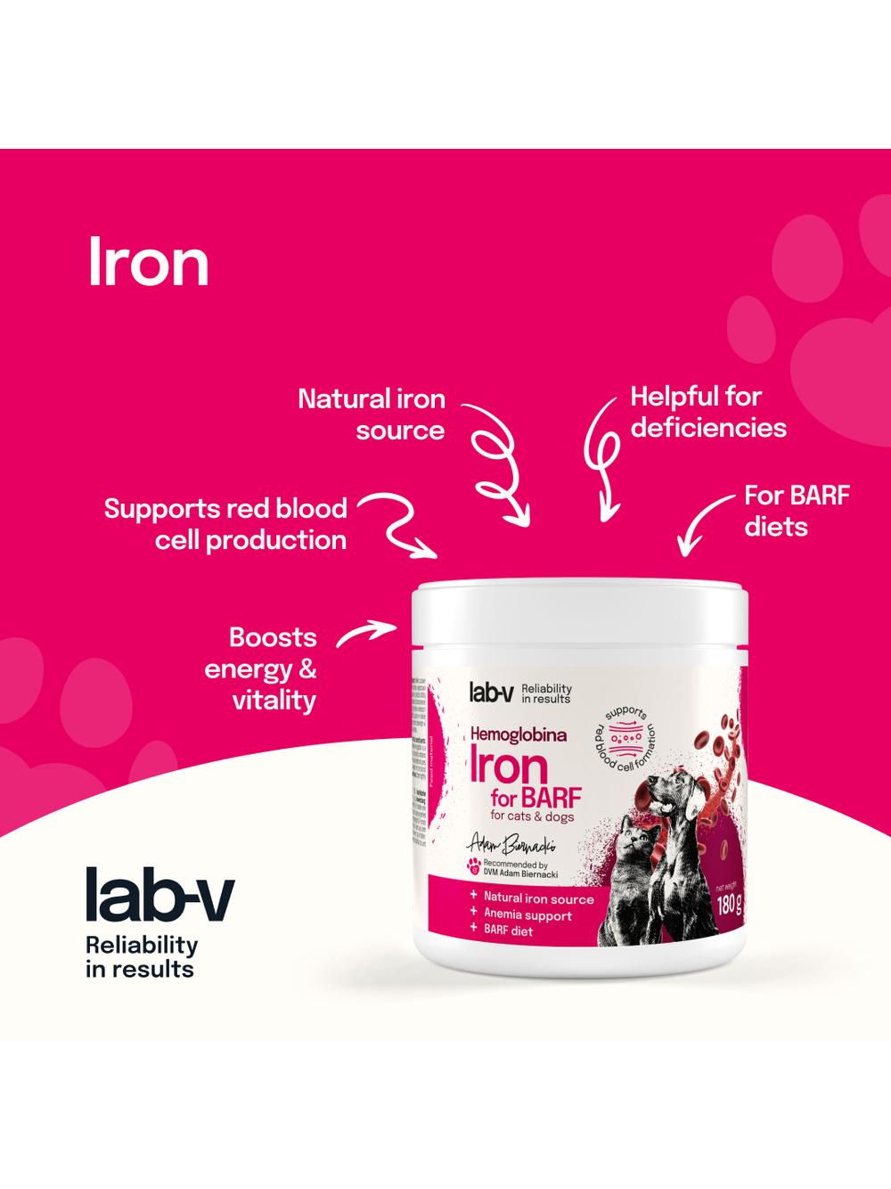 Lab-v Hemoglobina – naturalne żelazo hemowe do mieszanek BARF i diet domowych 180 g