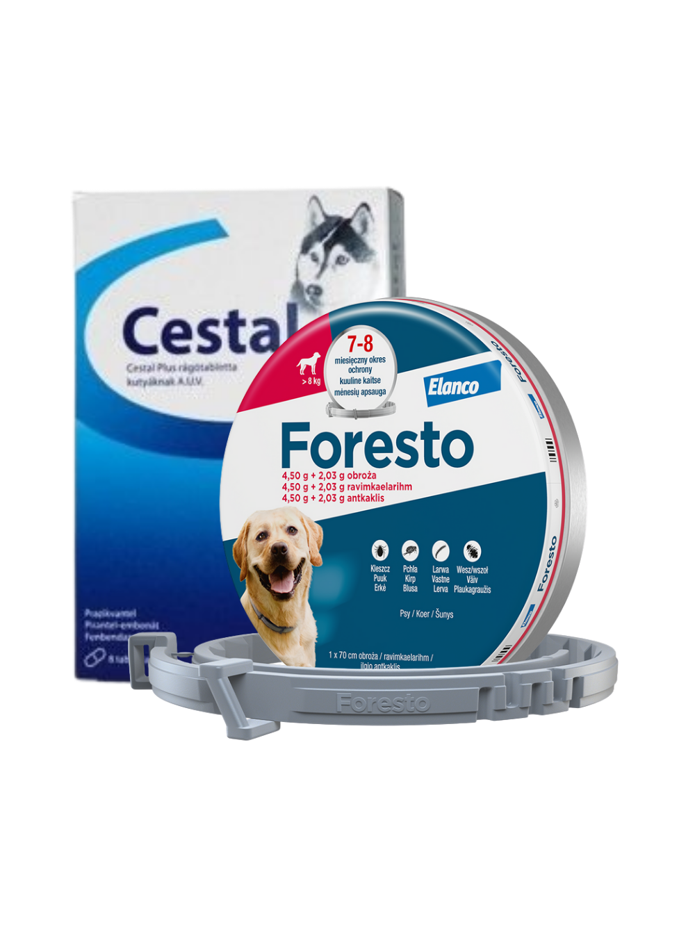 ELANCO Foresto Obroża dla psów powyżej 8kg+ Cestal Dog Plus tabletki na odrobaczanie psów 2 sztuki