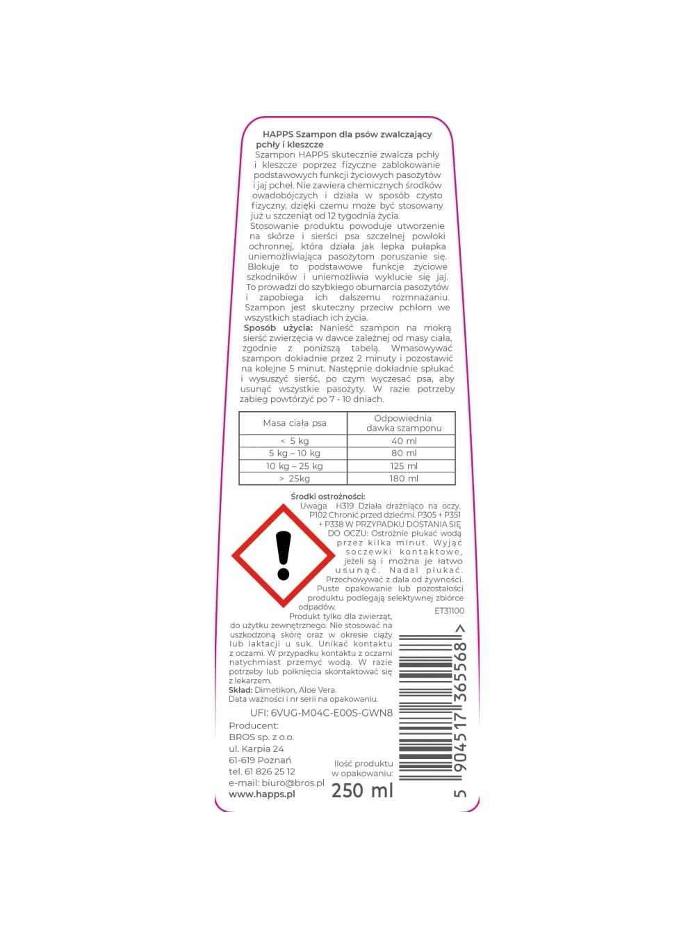 HAPPS Szampon dla psów zwalczający pchły i kleszcze 250ml