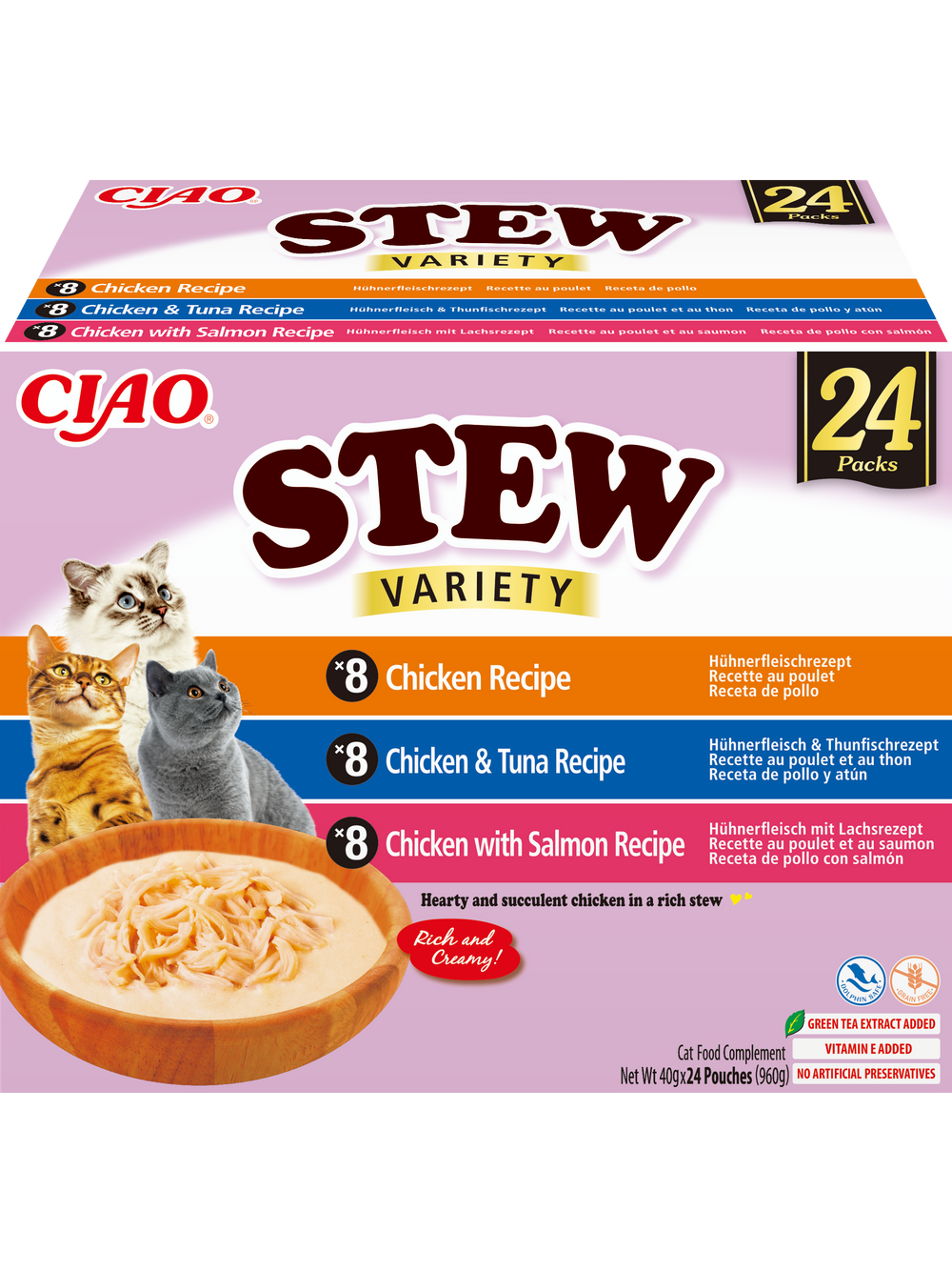 INABA Cat Ciao Stew - karma uzupełniająca dla kota o smaku kurczaka, tuńczyka i łososia 24x40g