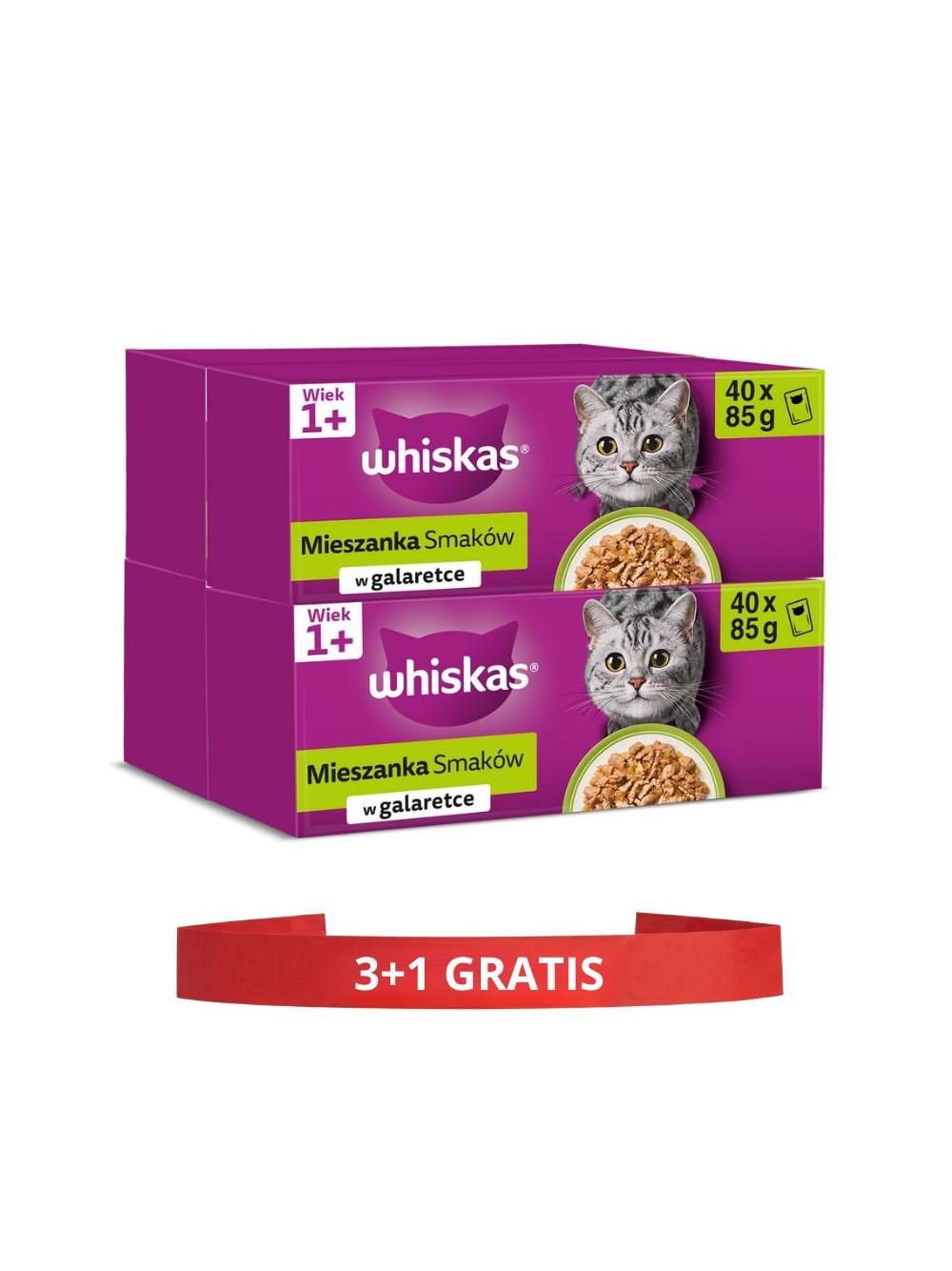 WHISKAS Adult saszetki 160x85g Mix Smaków - mokra karma dla dorosłego kota, w galaretce (kawałki z: wołowiną, kurczakiem, łososiem, tuńczykiem)