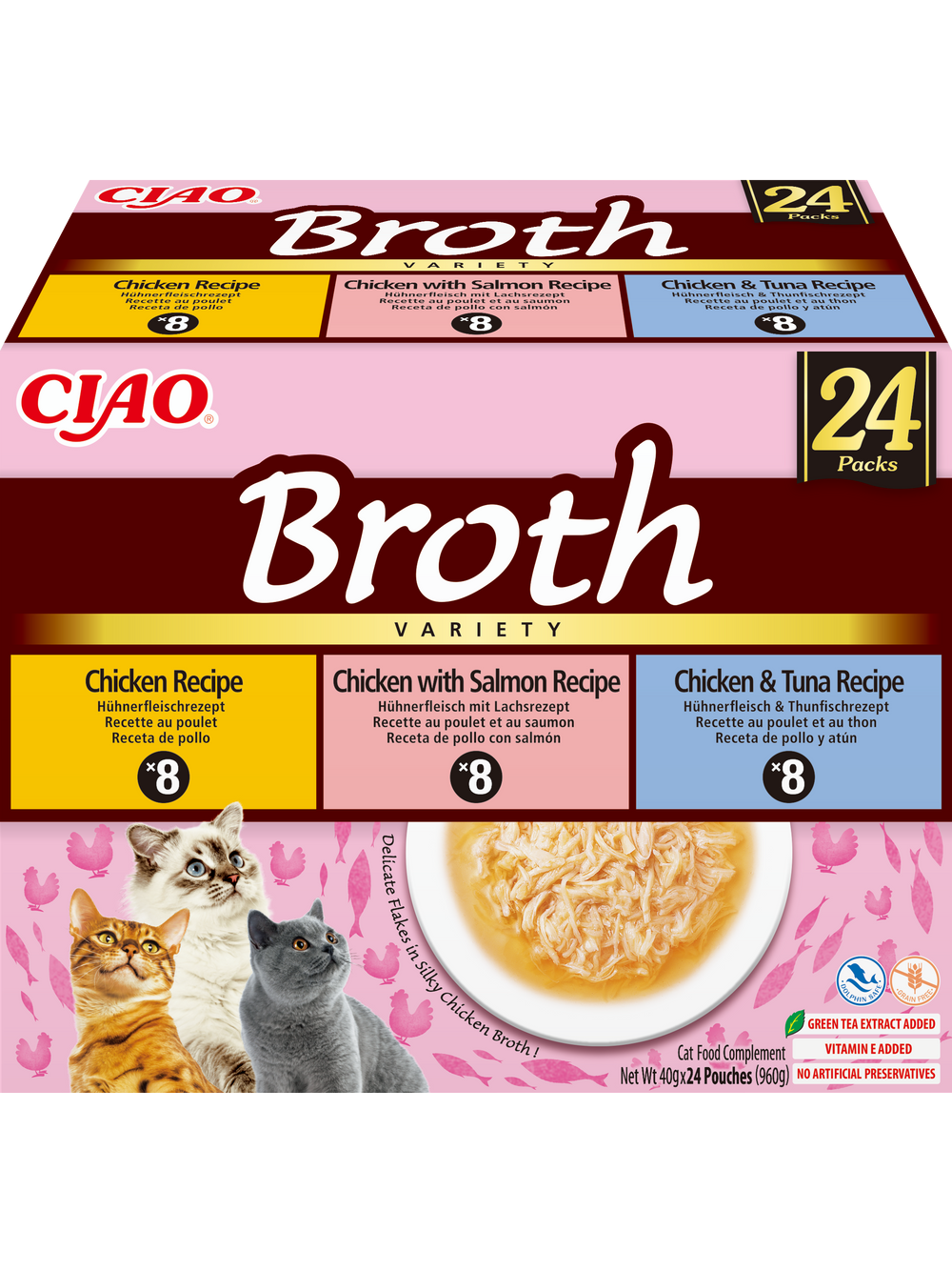 INABA Ciao Broth - karma uzupełniająca dla kota bulion o smaku kurczaka, łososia i tuńczyka 24x40g