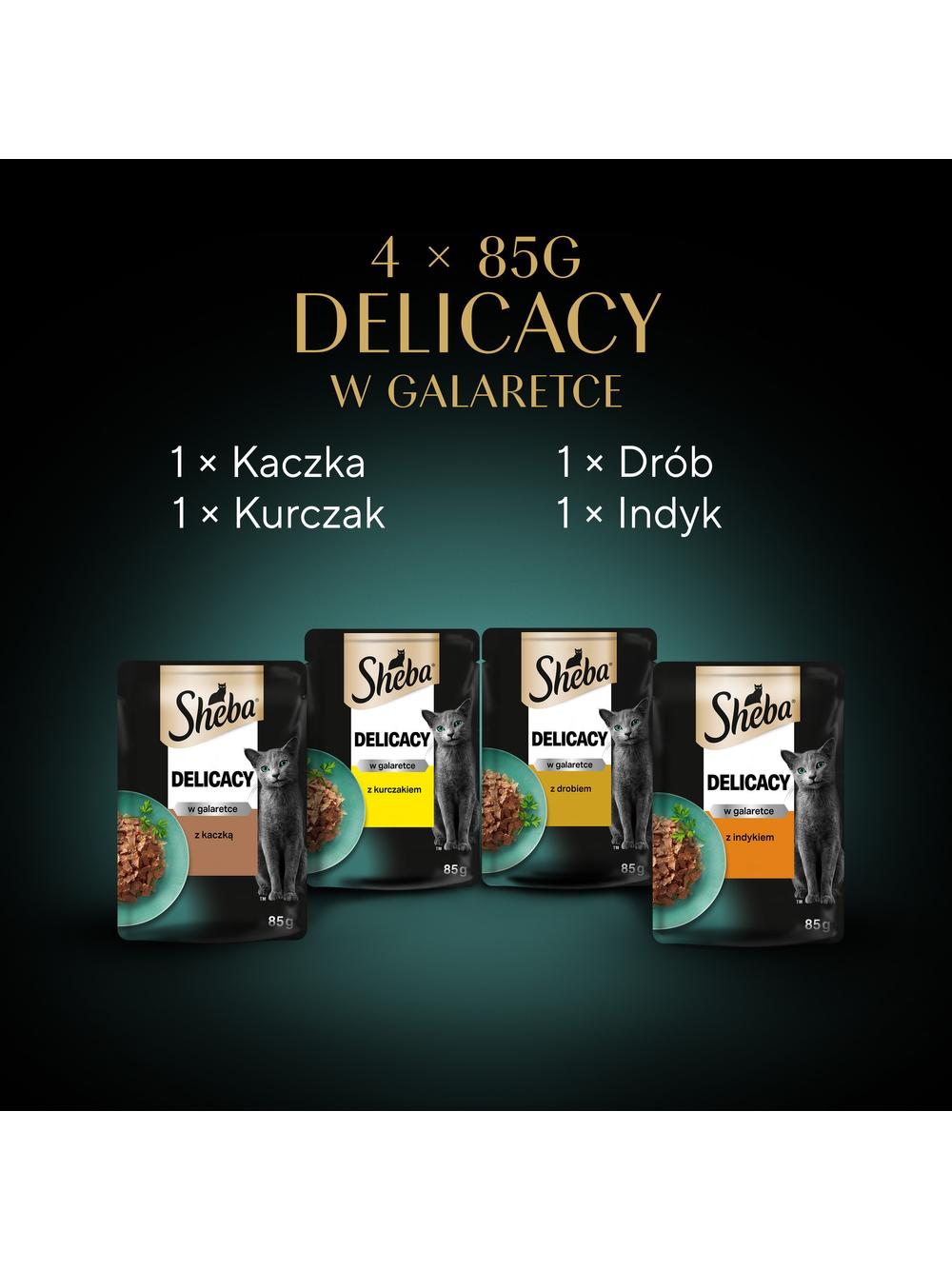 SHEBA Delicacy Fine Flakes Drobiowe Smaki saszetki 4x85 g – mokra karma pełnoporcjowa dla dorosłych kotów, w galaretce (kawałki z: kaczką, kurczakiem, drobiem, indykiem)