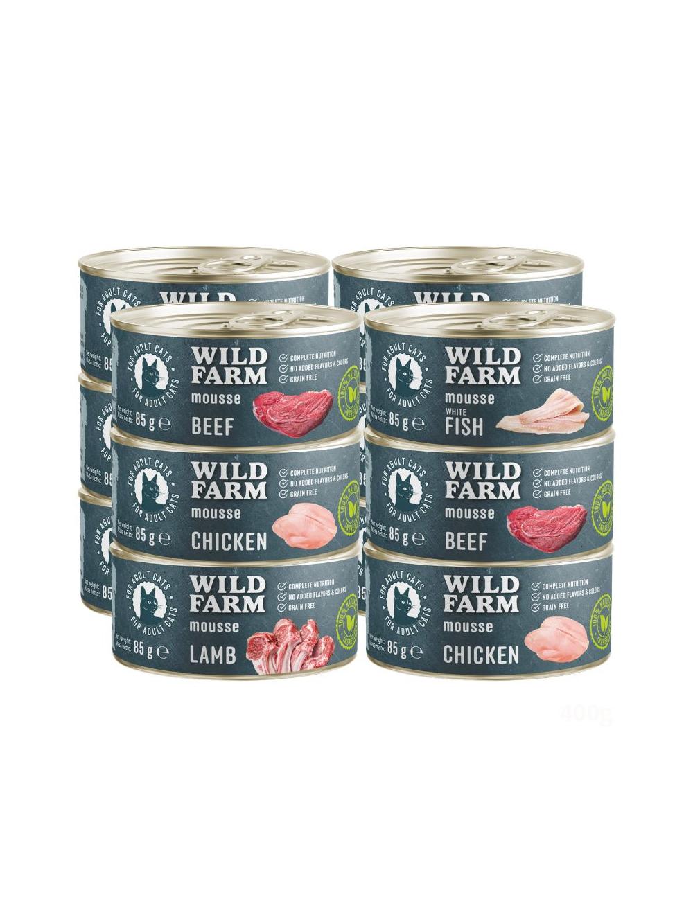 WILD FARM Mousse Mix smaków 12x85g - bezzbożowy mus dla kota