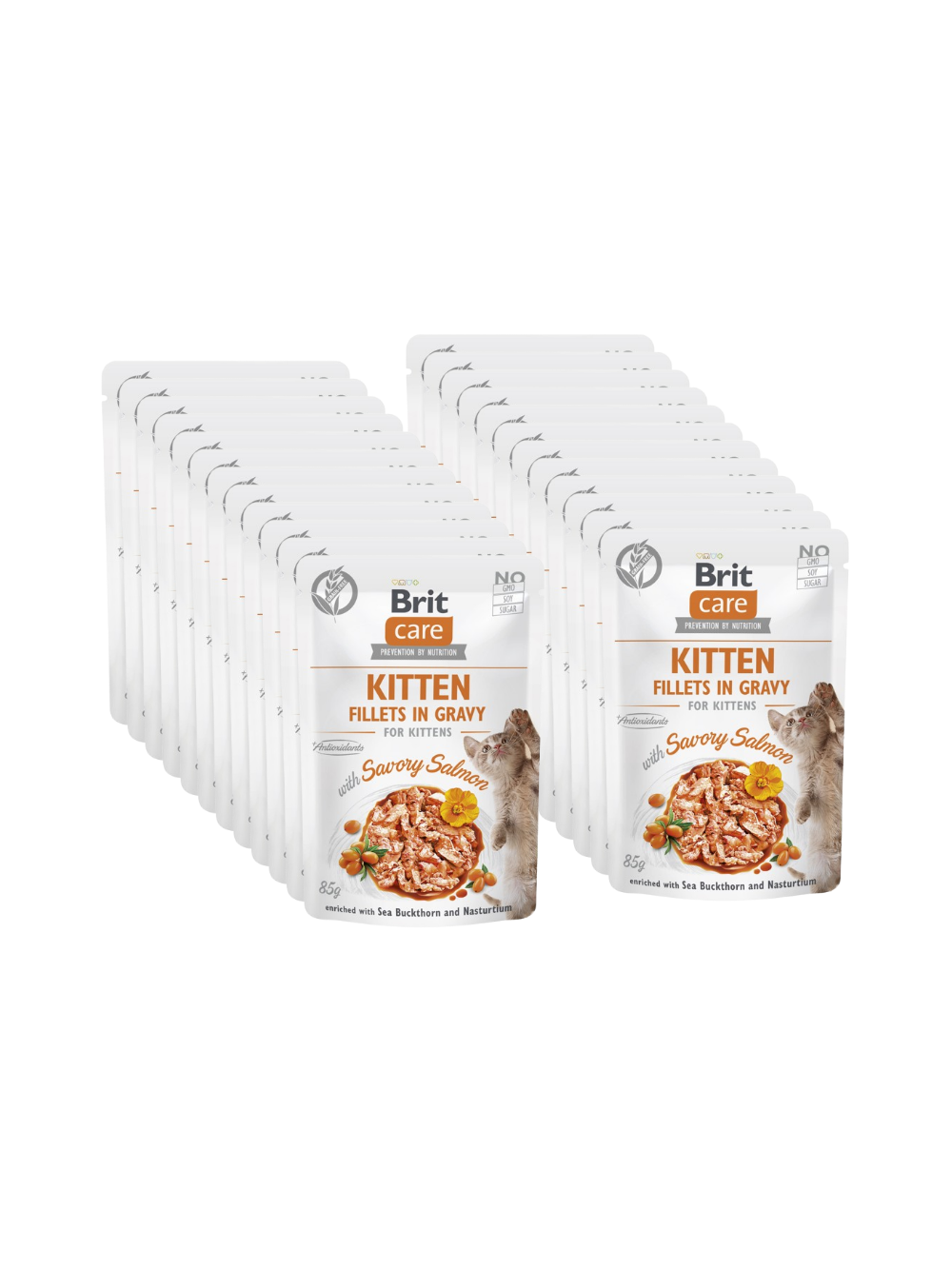 BRIT CARE Cat Kitten Fillets in Gravy with Savory Salmon Enriched with Sea Buckthorn and Nasturtium 24x85g