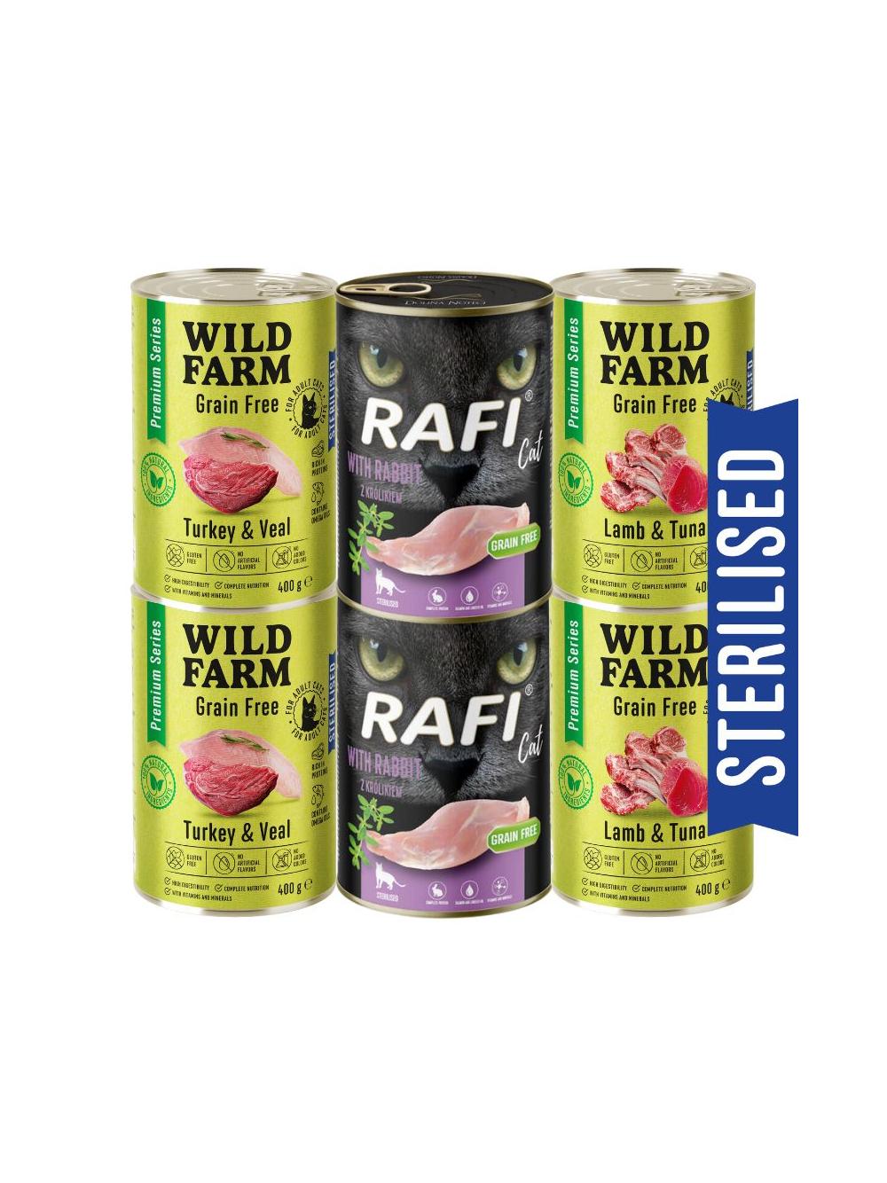 WILD FARM Premium Grain Free + Rafi 6x400g  - bezzbożowa karma dla kota sterylizowanego