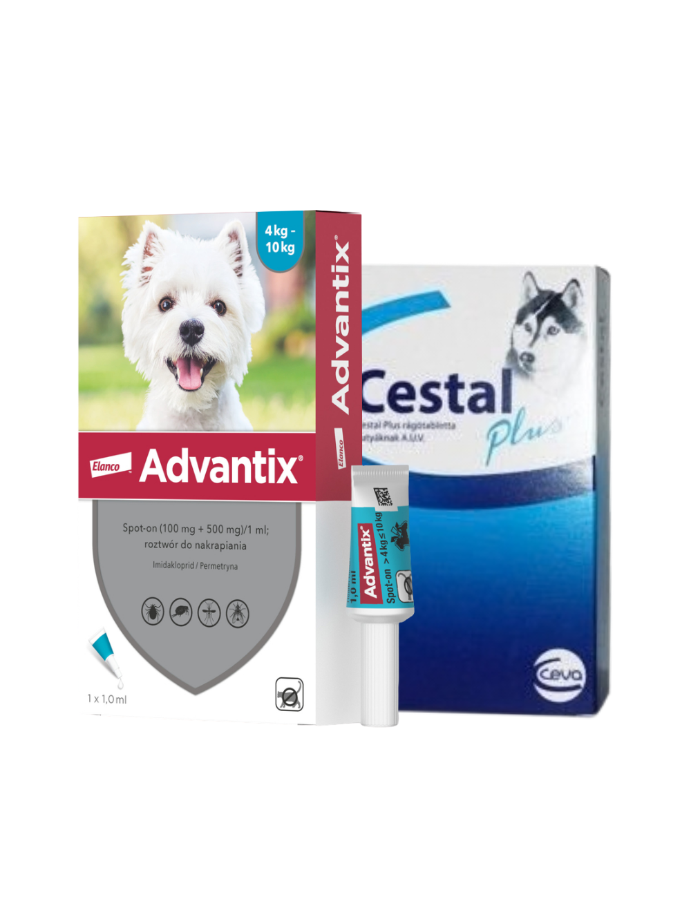 Advantix dla psów 4-10kg (pipeta 1ml)+ Cestal Dog Plus tabletki na odrobaczanie psów 2 sztuki