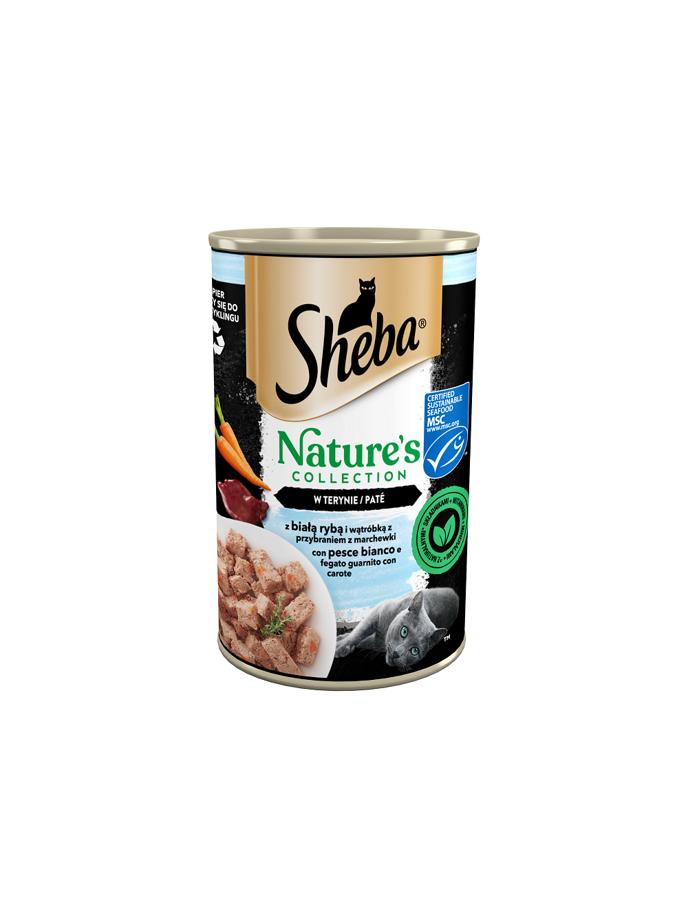 SHEBA puszka 400 g Nature's Collection – mokra pełnoporcjowa karma dla dorosłych kotów, z białą rybą i wątróbką z przybraniem z marchewki, w terynie