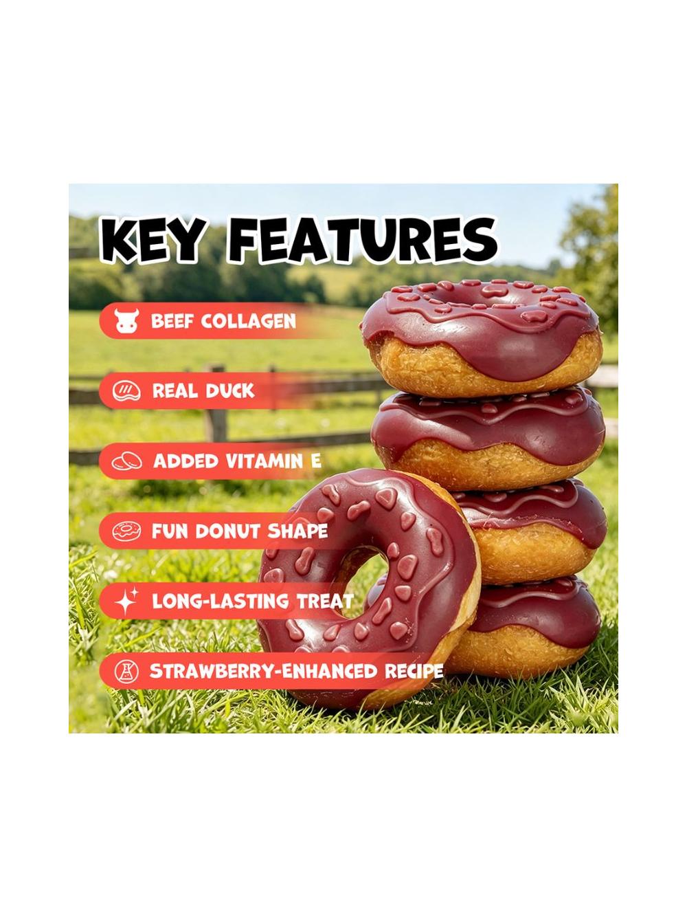 WILD FARM donut kolagenowy z kaczką i truskawkami 7cm 10x50g przysmak dla psa