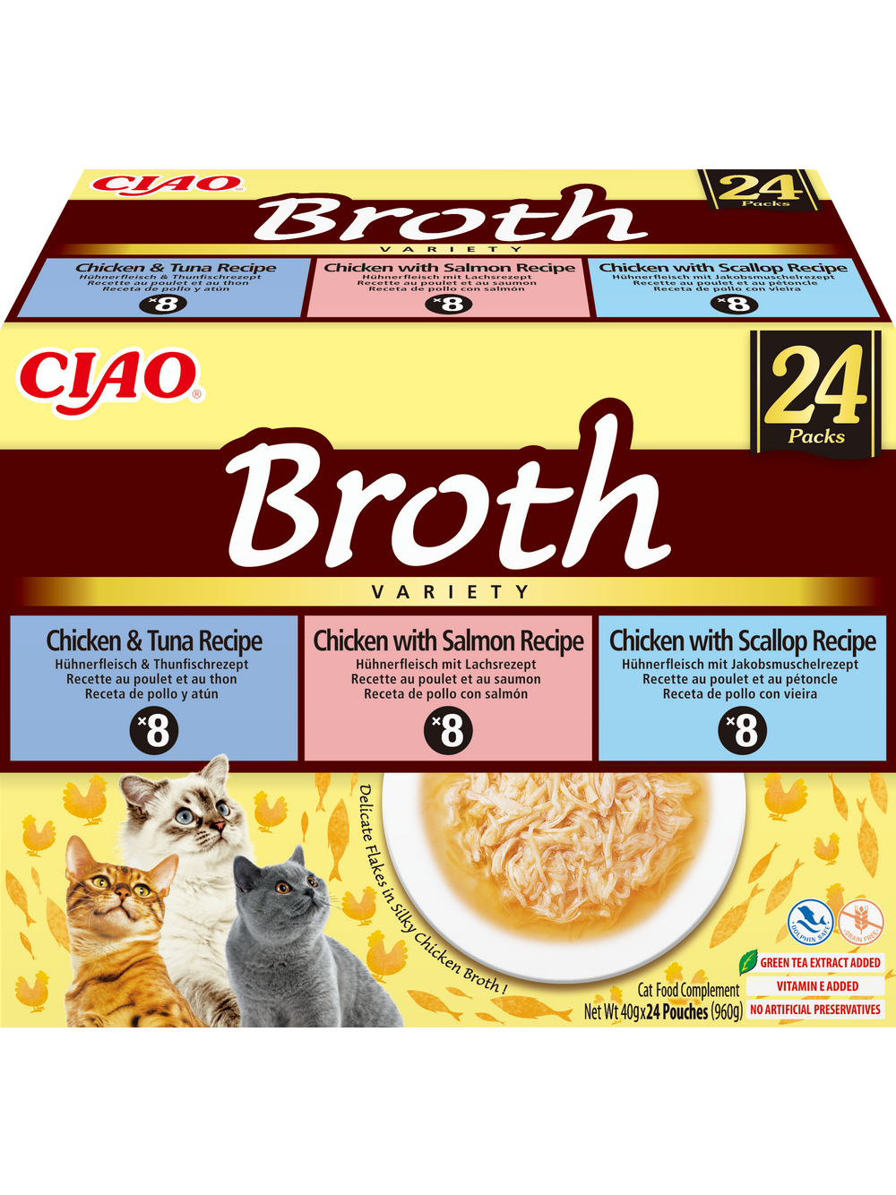 INABA Ciao Broth - karma uzupełniająca dla kota bulion o smaku kurczaka, łososia, tuńczyka i przegrzebek 24x40g