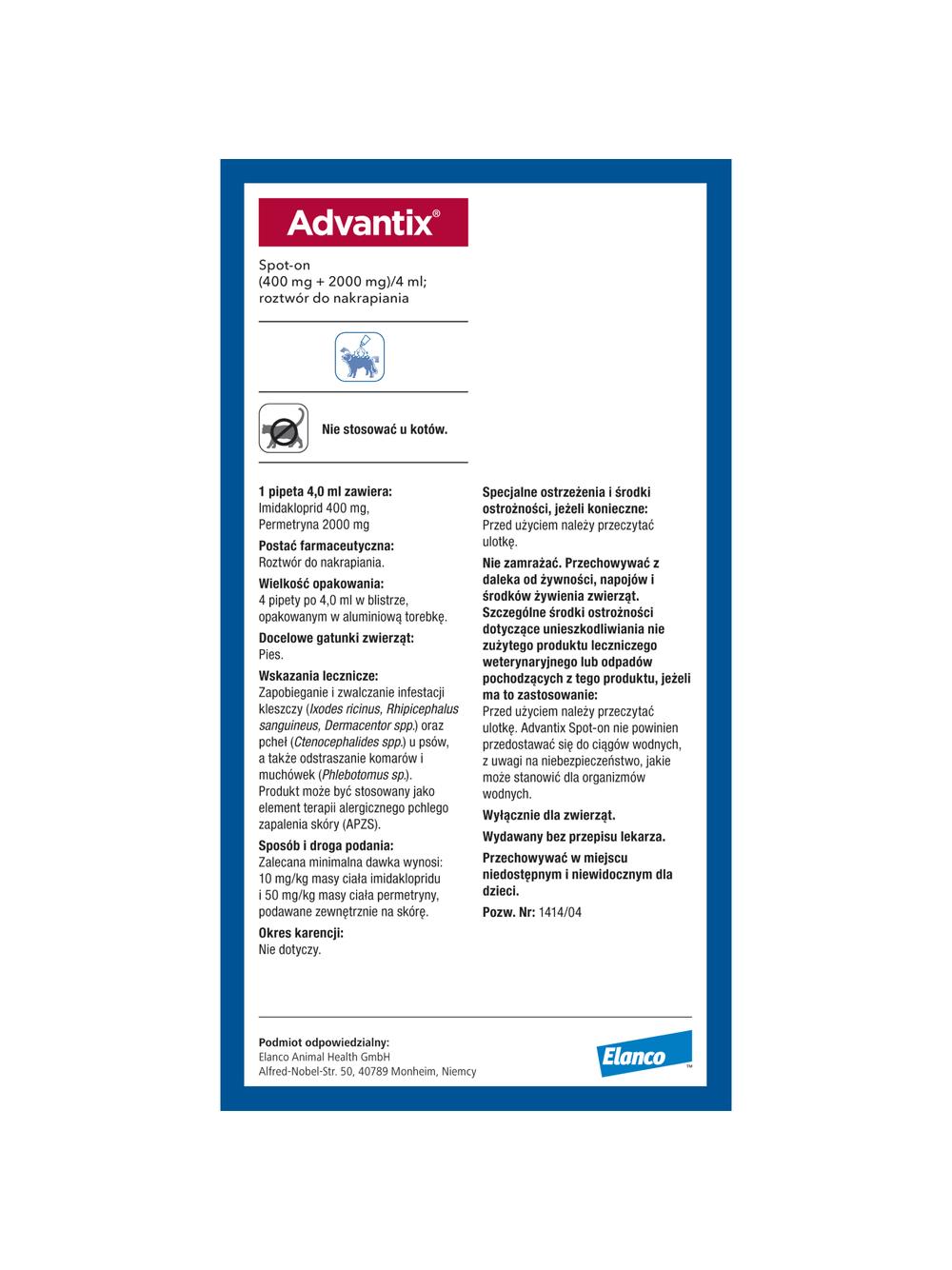 Advantix - dla psów 25-40kg (4 pipety x 4ml)+TRIXIE Szczypce do usuwania kleszczy 9cm