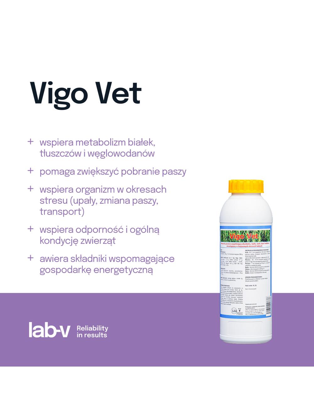 Lab-v Vigo Vet - Mieszanka Paszowa Uzupełniająca Dla Drobiu, Bydła, Świń, Koni i Królików Niezastąpiona w Krytycznych Okresach Hodowli 1L