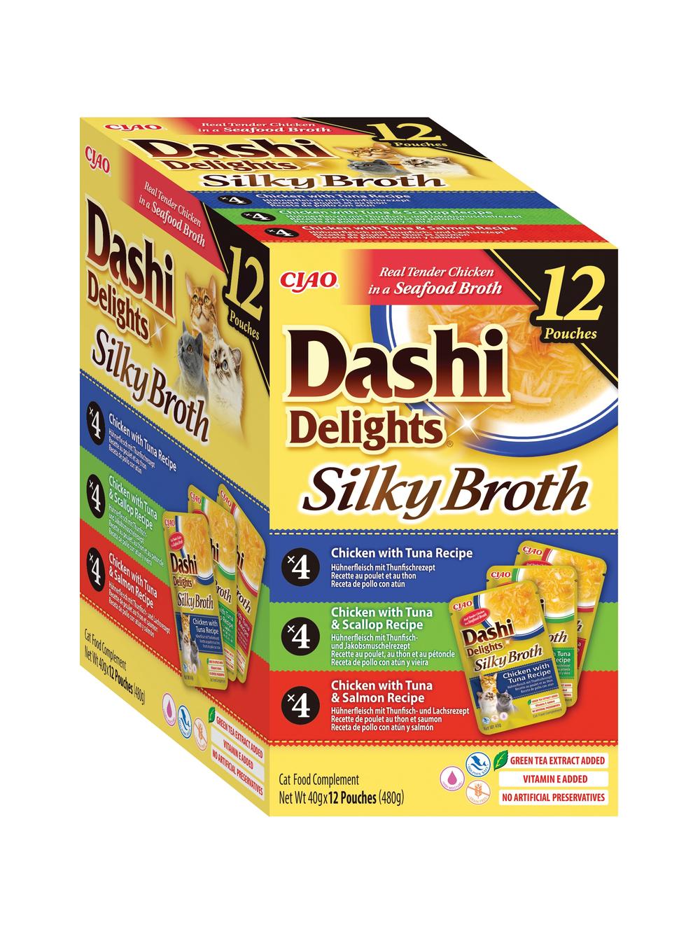 INABA Ciao Broth - karma uzupełniająca dla kota bulion o smaku kurczaka, łososia, tuńczyka i przegrzebek 12x40g