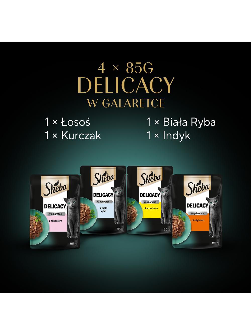 SHEBA Delicacy Fine Flakes Wybór Smaków saszetki 4x85 g – mokra karma pełnoporcjowa dla dorosłych kotów, w galaretce (kawałki z: łososiem, białą rybą, kurczakiem, indykiem)