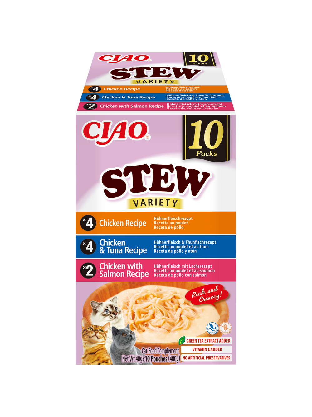 INABA Ciao Stew - karma uzupełniająca dla kota o smaku kurczaka, kurczaka i tuńczyka, kurczaka i łososia 10x40g
