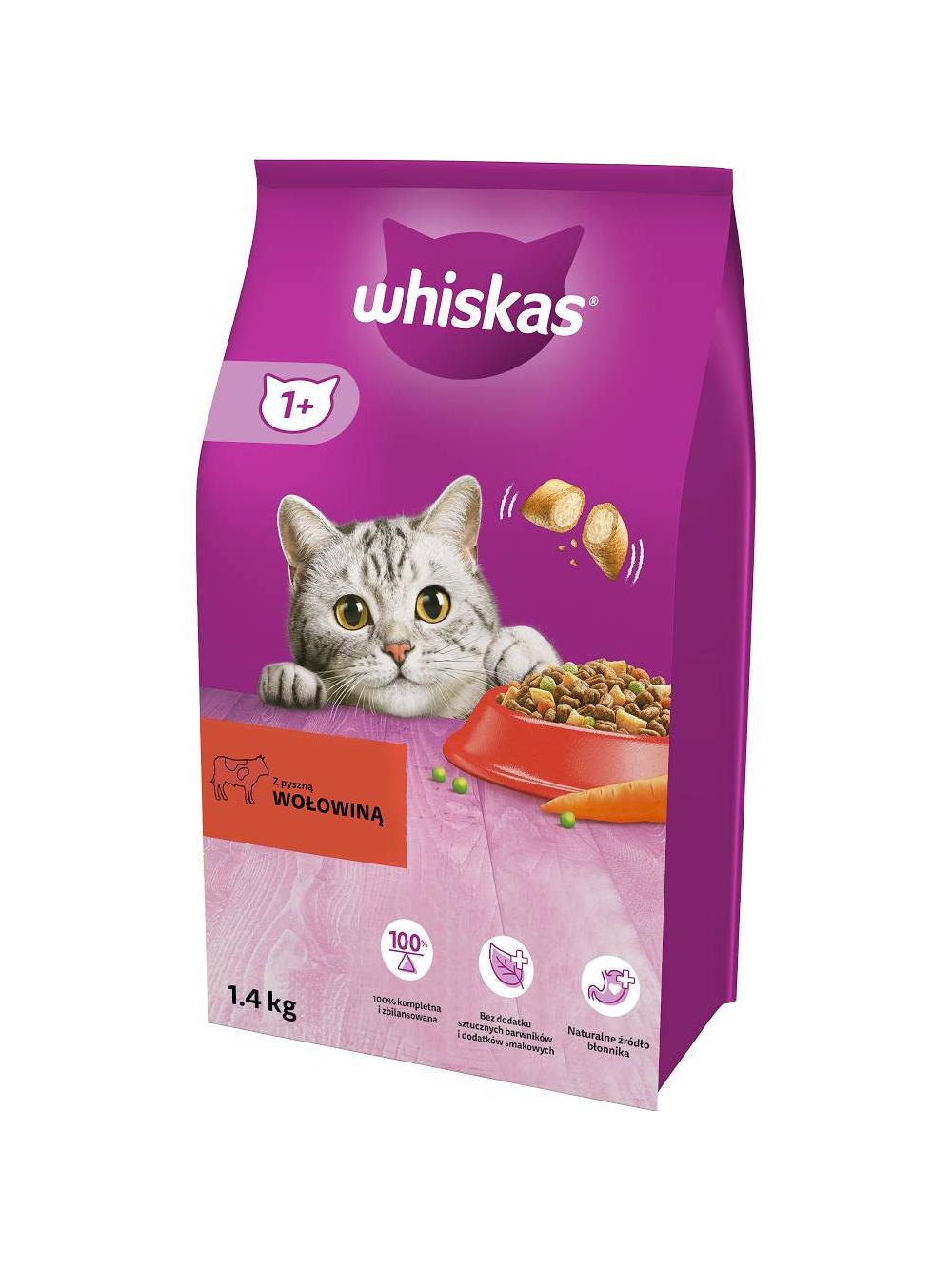 WHISKAS Adult 3x1,4 kg - sucha karma pełnoporcjowa dla dorosłych kotów, z pyszną wołowiną