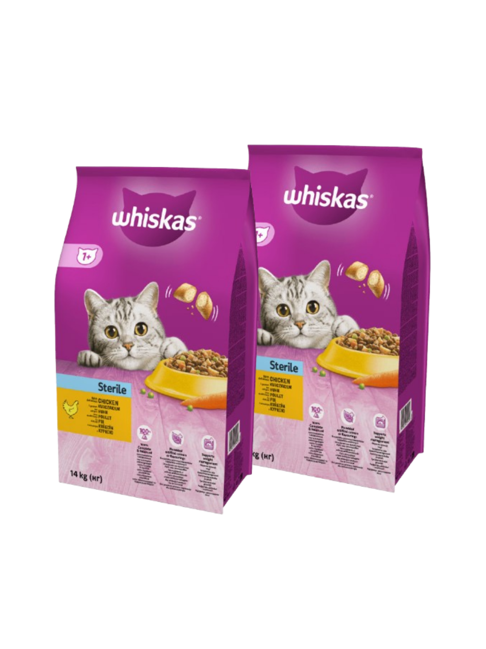 WHISKAS Sterile 2x14 kg - sucha karma dla dorosłego kota po zabiegu kastracji, z pysznym kurczakiem