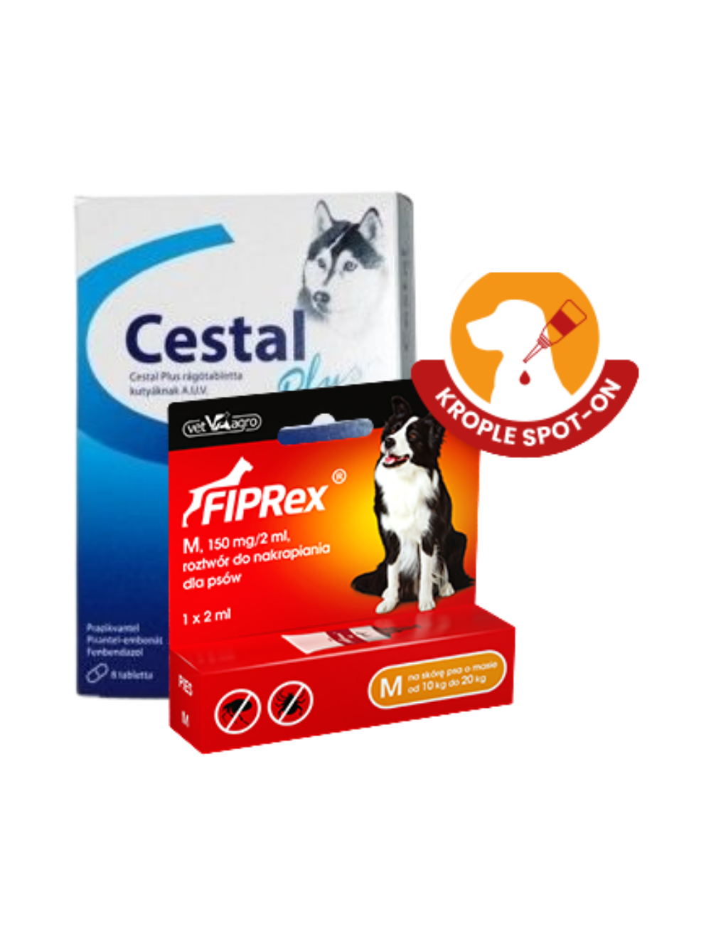 Fiprex M, 150 mg/2ml, roztwór do nakrapiania dla psów+ Cestal Dog Plus tabletki na odrobaczanie psów 2 sztuki