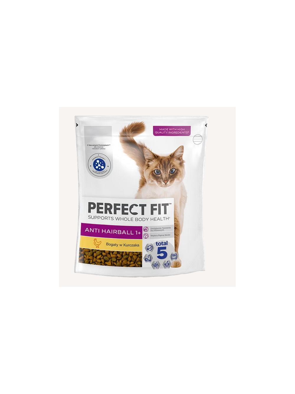 Perfect Fit™ Anti-hairball 1+, 4x750 g – sucha karma pełnoporcjowa dla kotów, bogata w kurczaka