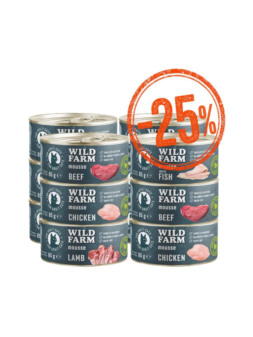 WILD FARM Mousse Mix smaków 12x85g - bezzbożowy mus dla kota