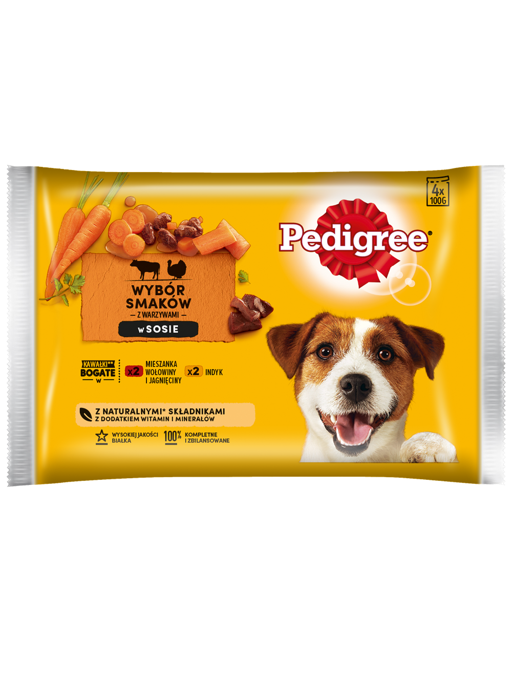 PEDIGREE Adult saszetka 4x100 g - Wybór Smaków z Marchewką w Sosie, mokra karma pełnoporcjowa dla dorosłych psów (kawałki bogate w mieszankę wołowiny i jagnięciny oraz kawałki bogate w indyka)