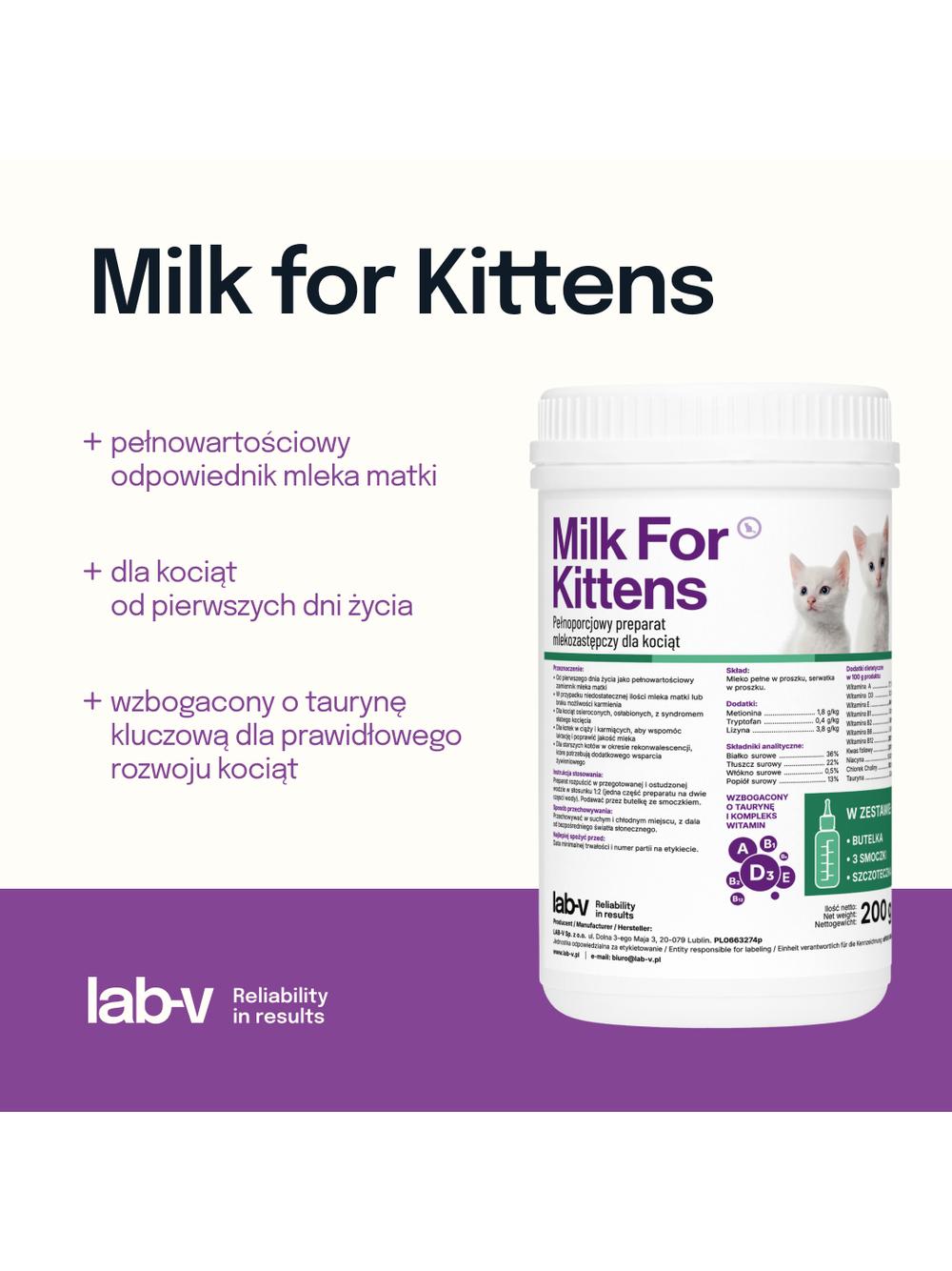 Lab-v Milk For Kittens - mleko dla kociąt  200g-Zestaw z butelką i smoczkami