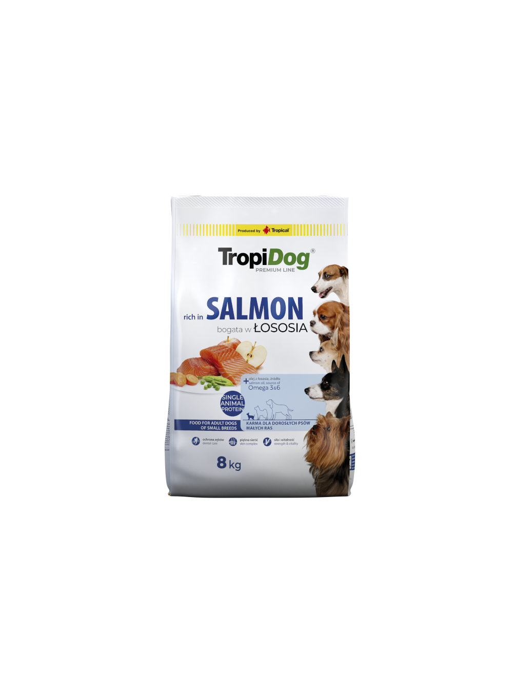 TROPIDOG Premium Adult Small Breeds bogaty w łososia i ryż 8kg