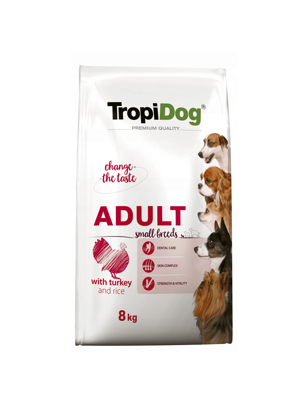 TROPIDOG Premium Adult Small Breeds z indykiem i ryżem 8kg + Miska mała GRATIS!!