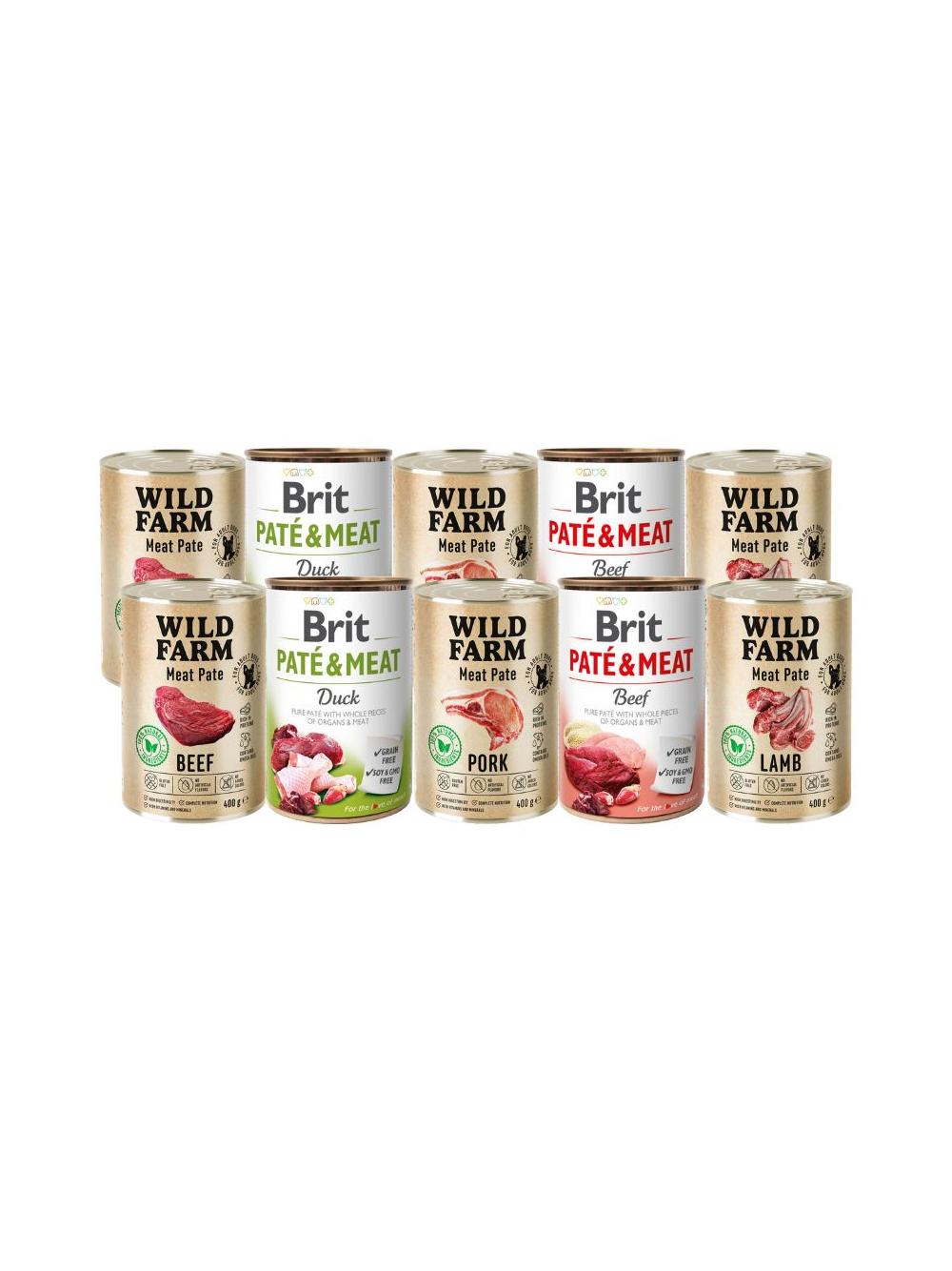 BRIT PATE & MEAT + WILD FARM Pate Mix smaków 10x400g