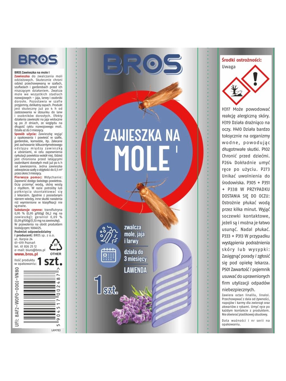 BROS Zawieszka na mole odzieżowe, ubraniowe lawendowa 1 szt.