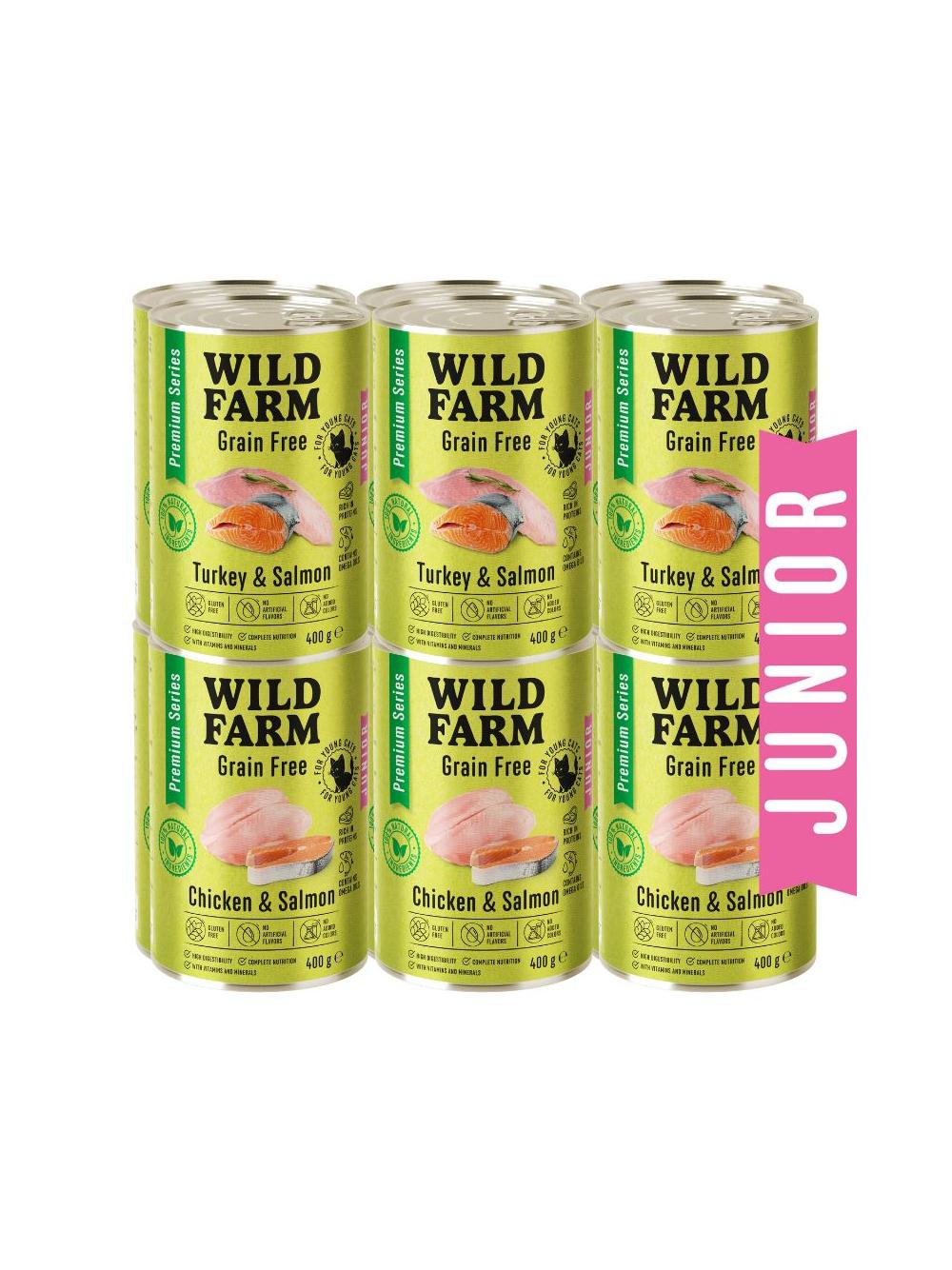 WILD FARM Premium Grain Free Turkey and Salmon / Chicken and Salmon Junior 12x400g  - bezzbożowa karma dla kociąt